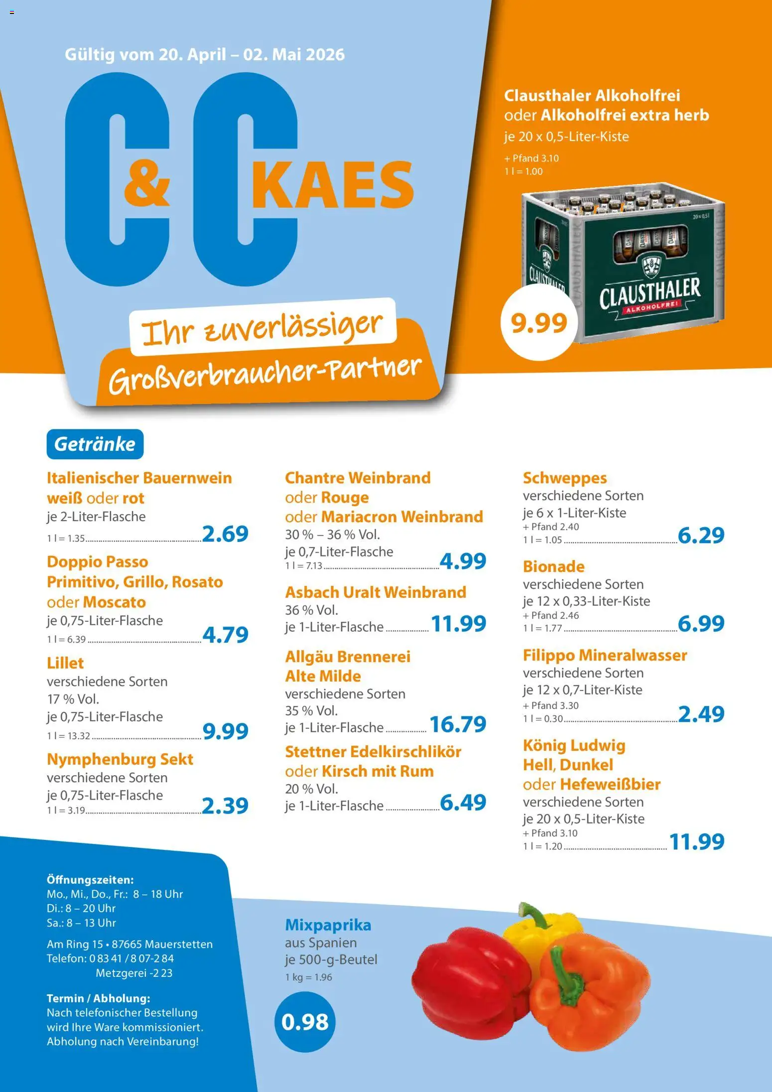 Vorschau von dem Prospekt des Geschäftes C&C, gültig ab dem 20.04.2026 - Lillet, Uhr, Telefon, Mineralwasser, Schweppes, Doppio Passo, Rouge, Chantré