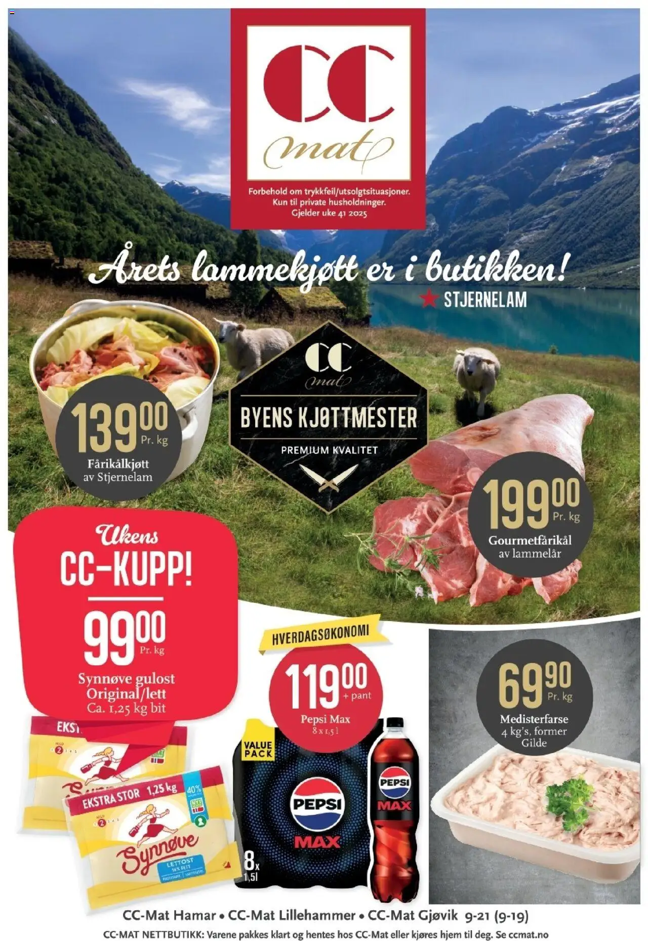 Kundeavis CC Mat gyldig fra 06/10/2025 - Sidenummer 1 - Pepsi Max, Gulost, Lammelår, Fårikålkjøtt, Lammekjøtt, Medisterfarse, Pepsi