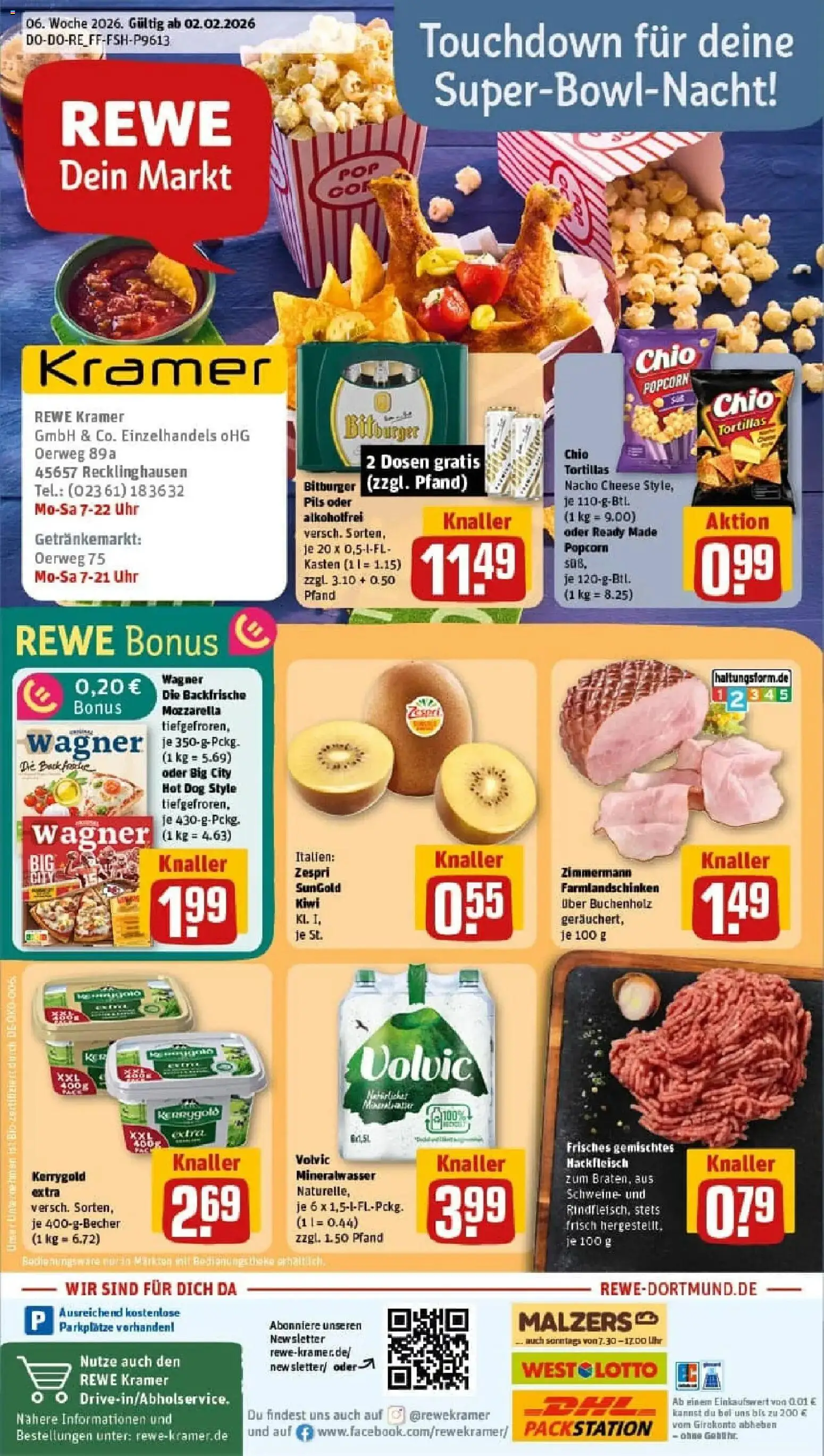 Vorschau von dem Prospekt des Geschäftes Rewe, gültig ab dem 02.02.2026 - Pizza, Butter, Kiwi, Mineralwasser, Hackfleisch, Popcorn, Bitburger, Volvic