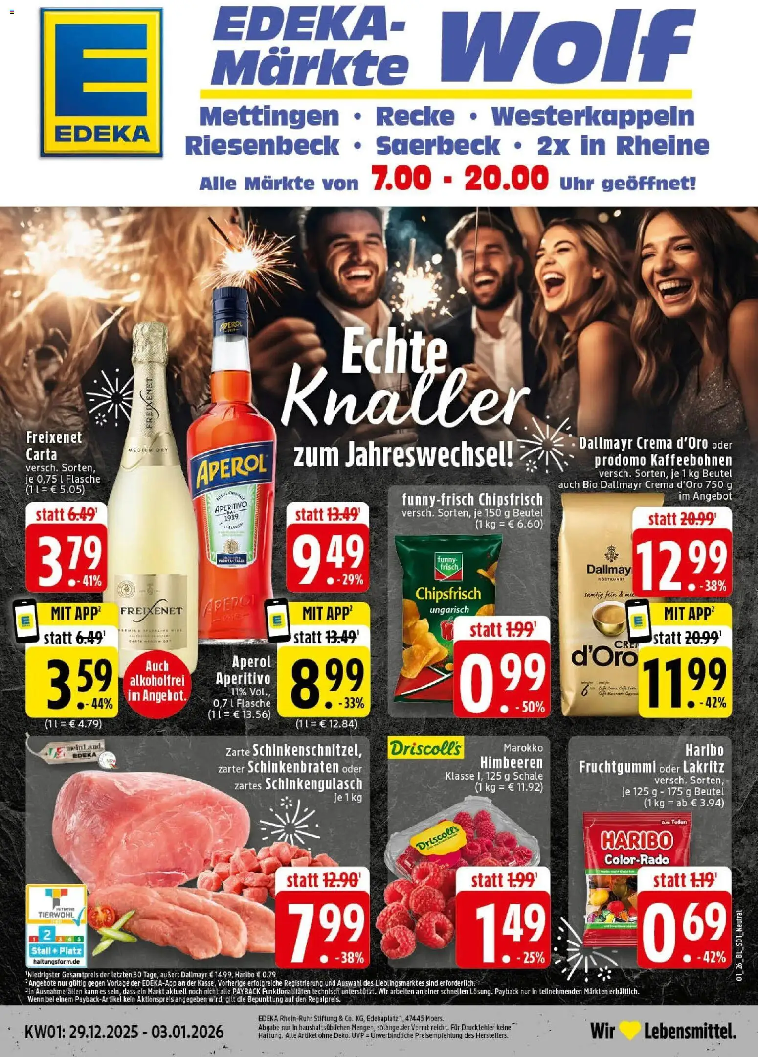 Vorschau von dem Prospekt des Geschäftes Edeka, gültig ab dem 28.12.2025 - Chips, Uhr, Haribo, Aperol, Himbeeren, Dallmayr, Freixenet