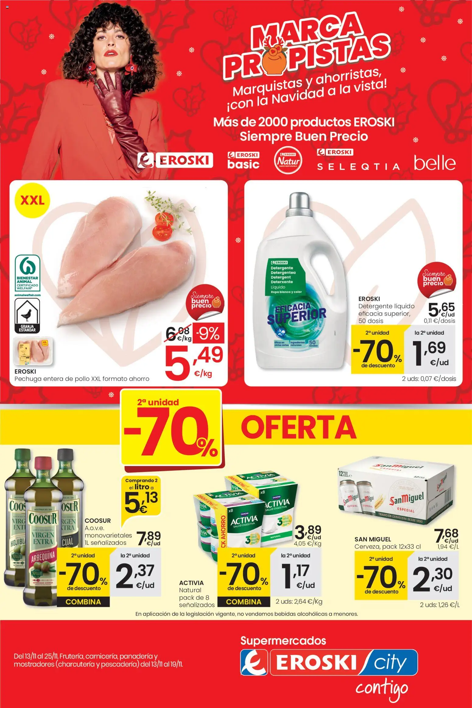 Vista previa del folleto de la tienda Eroski válido desde el 13/11/2025 - Panadería, Ropa, Bebidas, Ingredientes, Detergente, Detergente líquido, Pollo