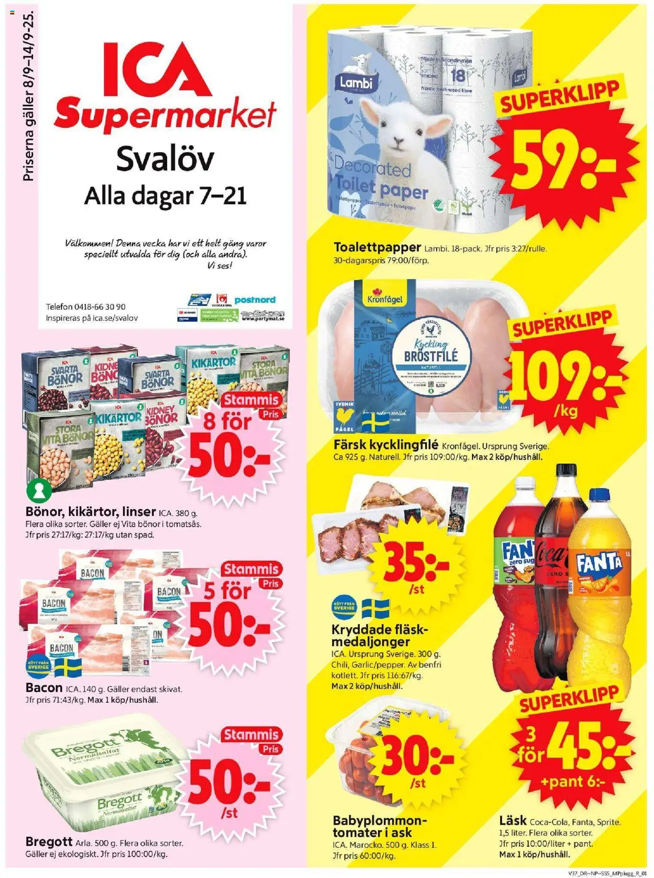 Svalöv är giltig 08/09 2025 > Veckans Erbjudanden gäller från 08/09/2025 till 14/09/2025 sidnummer 1 - Linser, Kycklingfile, Bregott, Kikärtor, Bacon, Galler, Fanta, Fläsk