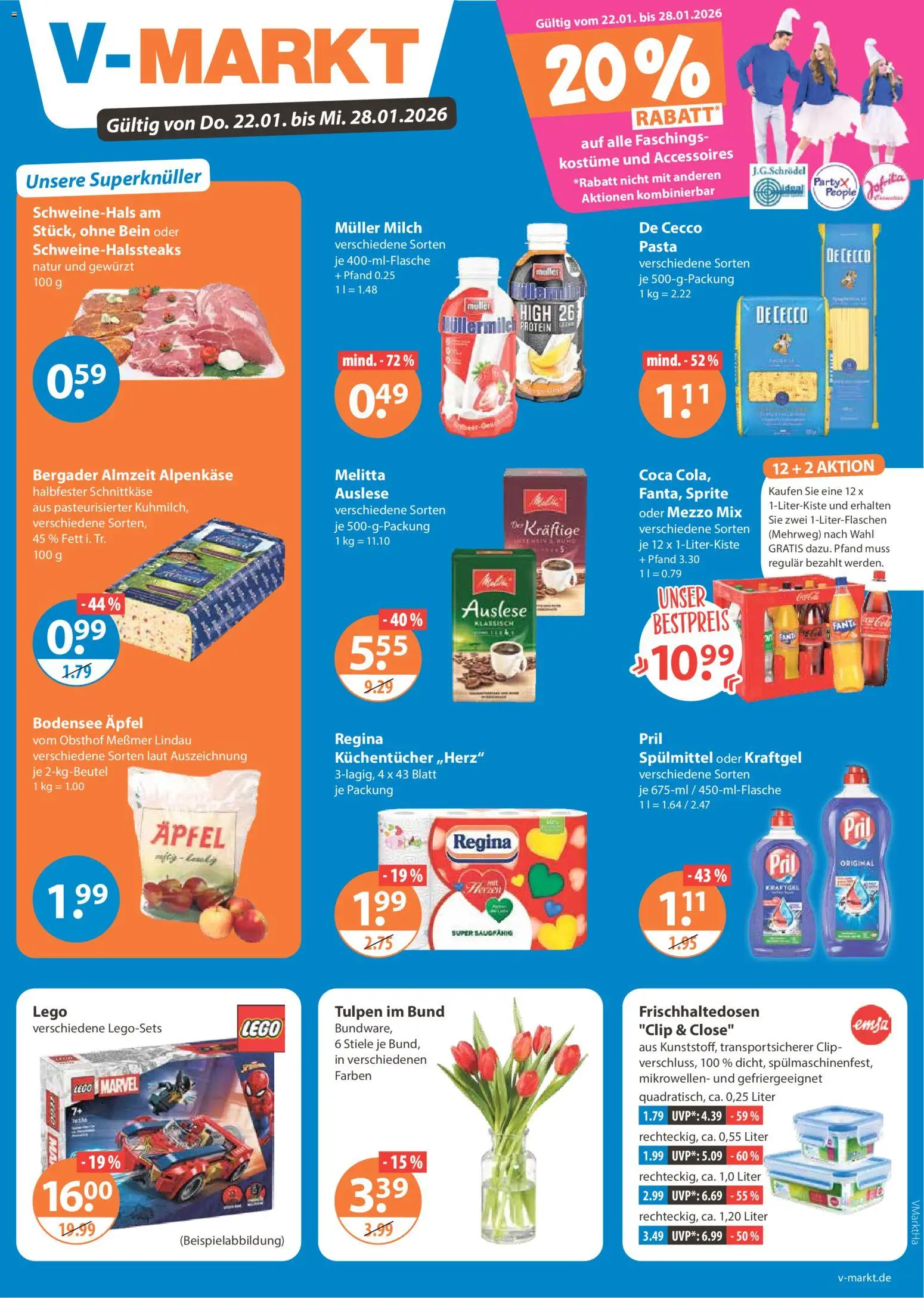 Vorschau von dem Prospekt des Geschäftes V-Markt, gültig ab dem 22.01.2026 - Pasta, Äpfel, Milch, Melitta, Mezzo mix, Messmer, Pril, Oder mezzo mix