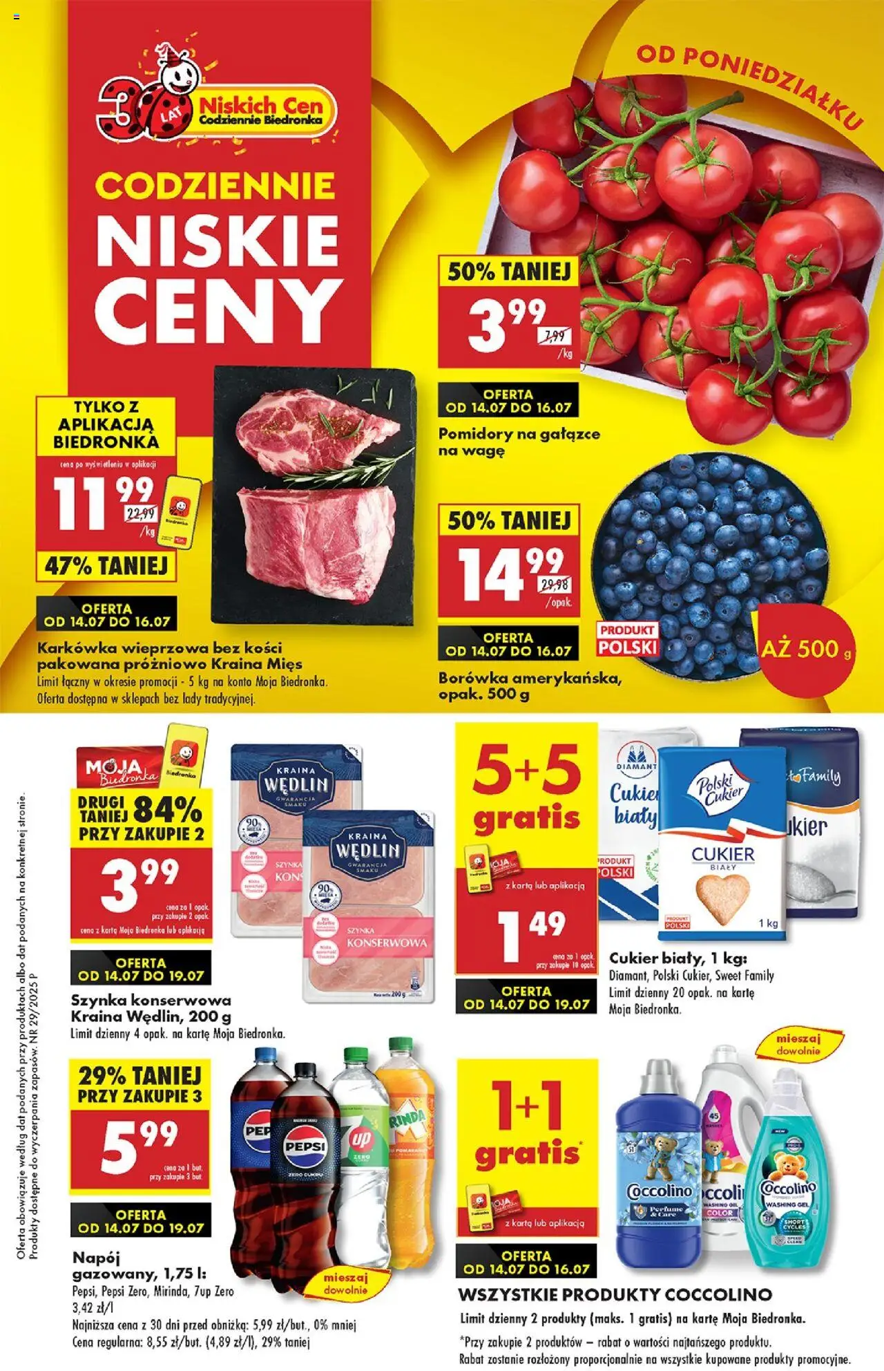 Biedronka gazetka promocyjna 14.07.2025 - "Nowa gazetka" - Numer strony 1 - Borówka amerykańska, Karkówka, Cukier, Karta, Szynka, Pomidory, Coccolino, Szynka konserwowa