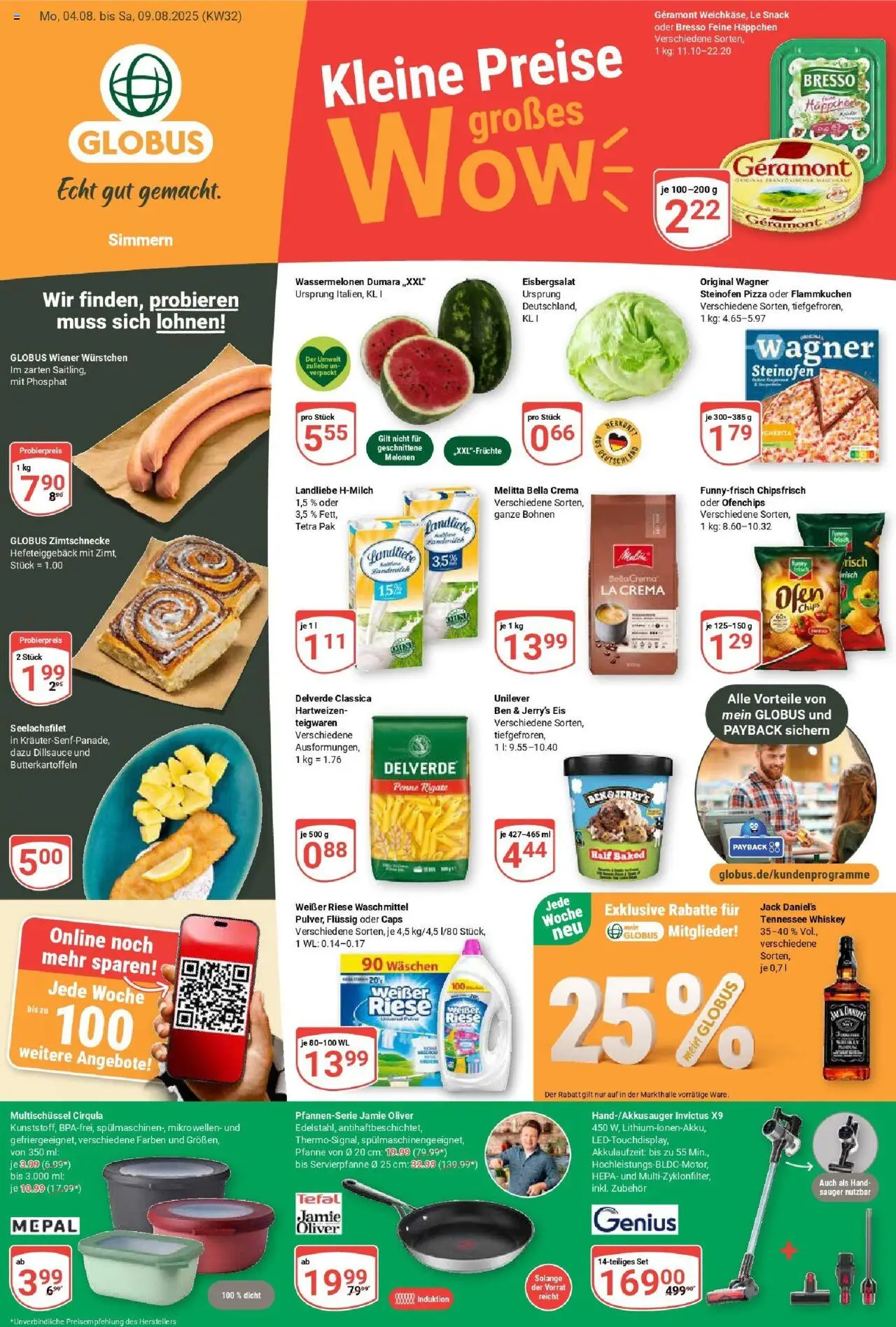 Globus Prospekt ab Montag 03.08.2025 > Prospekt Simmern - Pizza, Eis, Ofen, Whiskey, Eisbergsalat, Waschmittel, Jack Daniel's, Wiener wurstchen