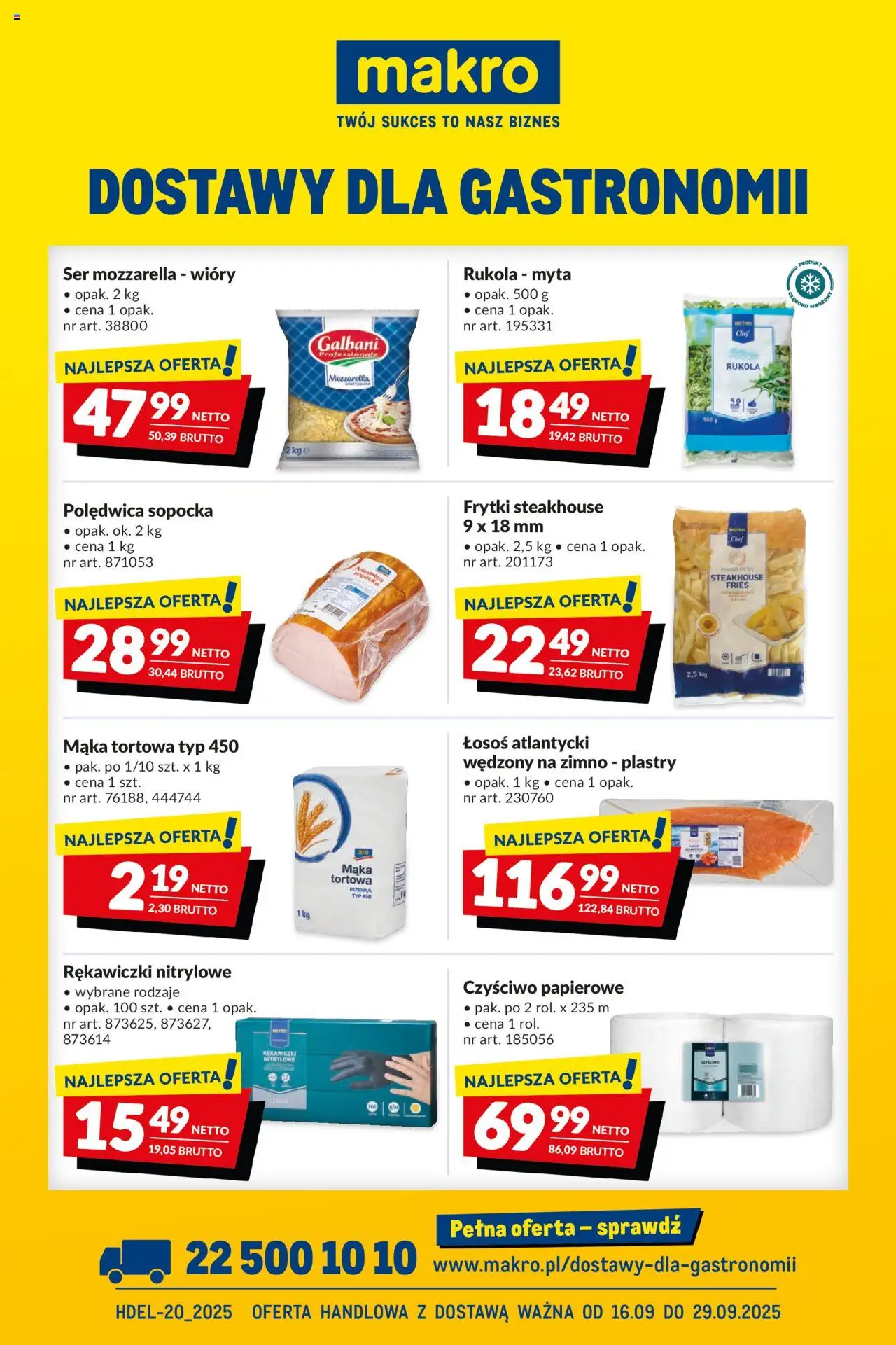 Makro Dostawy dla gastronomii od 16.09.2025 - Nowa Gazetka - Numer strony 1 - Mąka, Rukola, Ser, Frytki, Rękawiczki, Rękawiczki nitrylowe, Mąka tortowa, Polędwica sopocka