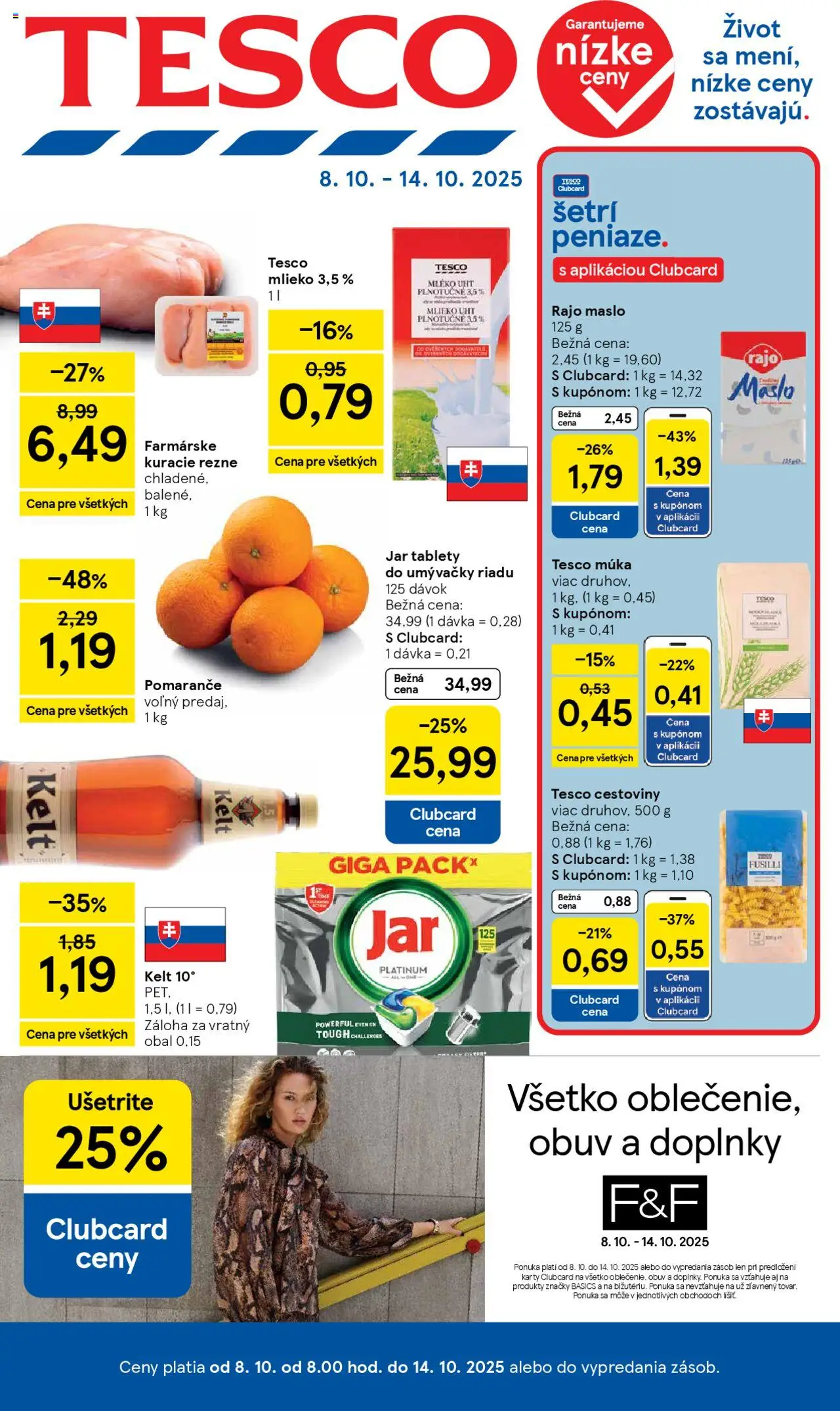 Náhľad Tesco letáku platného od 08.10.2025 - Maslo, Cestoviny, Mlieko, Fusilli, Kuracie rezne, Kelt, Pomaranče, Múka