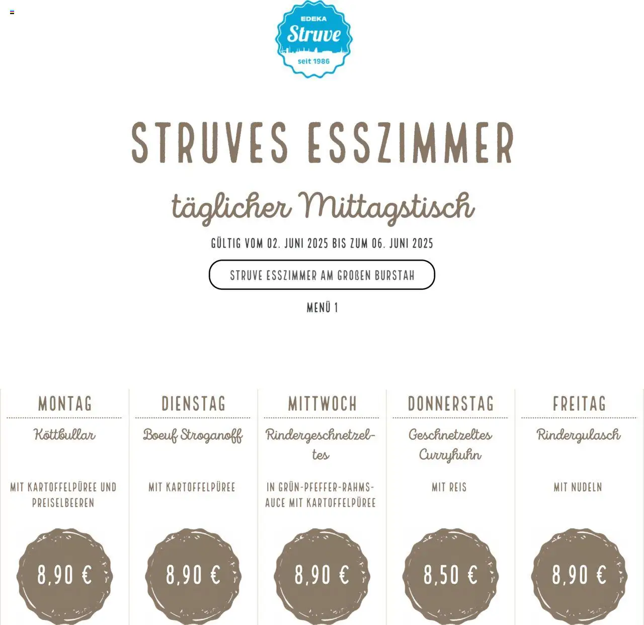 Edeka Struve Mittagstisch (vom 02.06.2025 - 06.06.2025) - Nudeln, Reis, Rindergulasch, Preiselbeeren