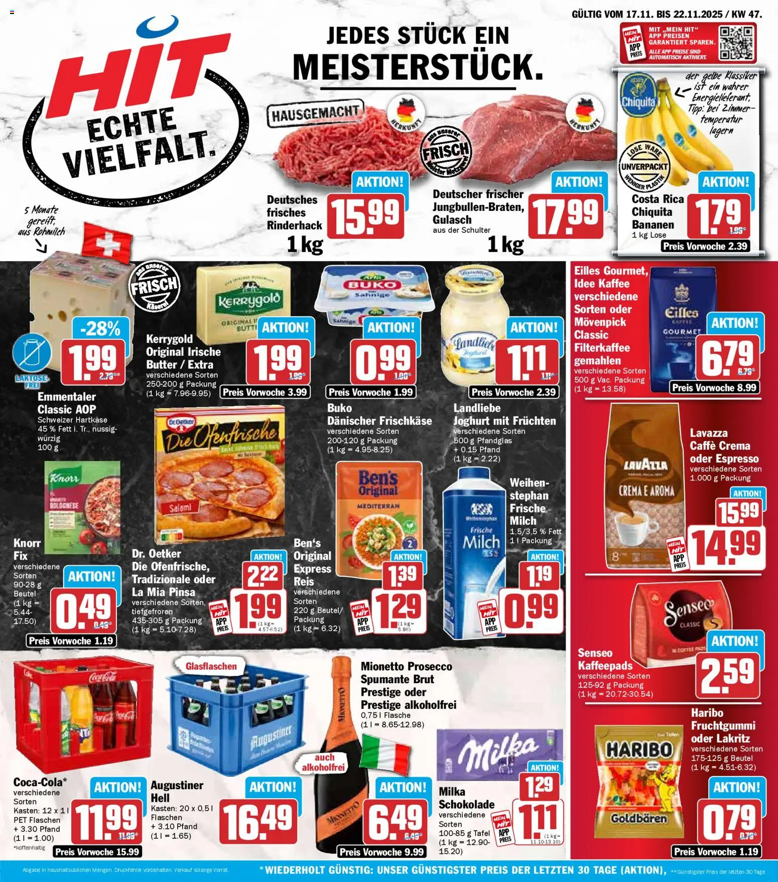 Vorschau von dem Prospekt des Geschäftes HIT, gültig ab dem 17.11.2025 - Kaffee, Schokolade, Gulasch, Bananen, Milch, Reis, Kaffeepads, Frischkase