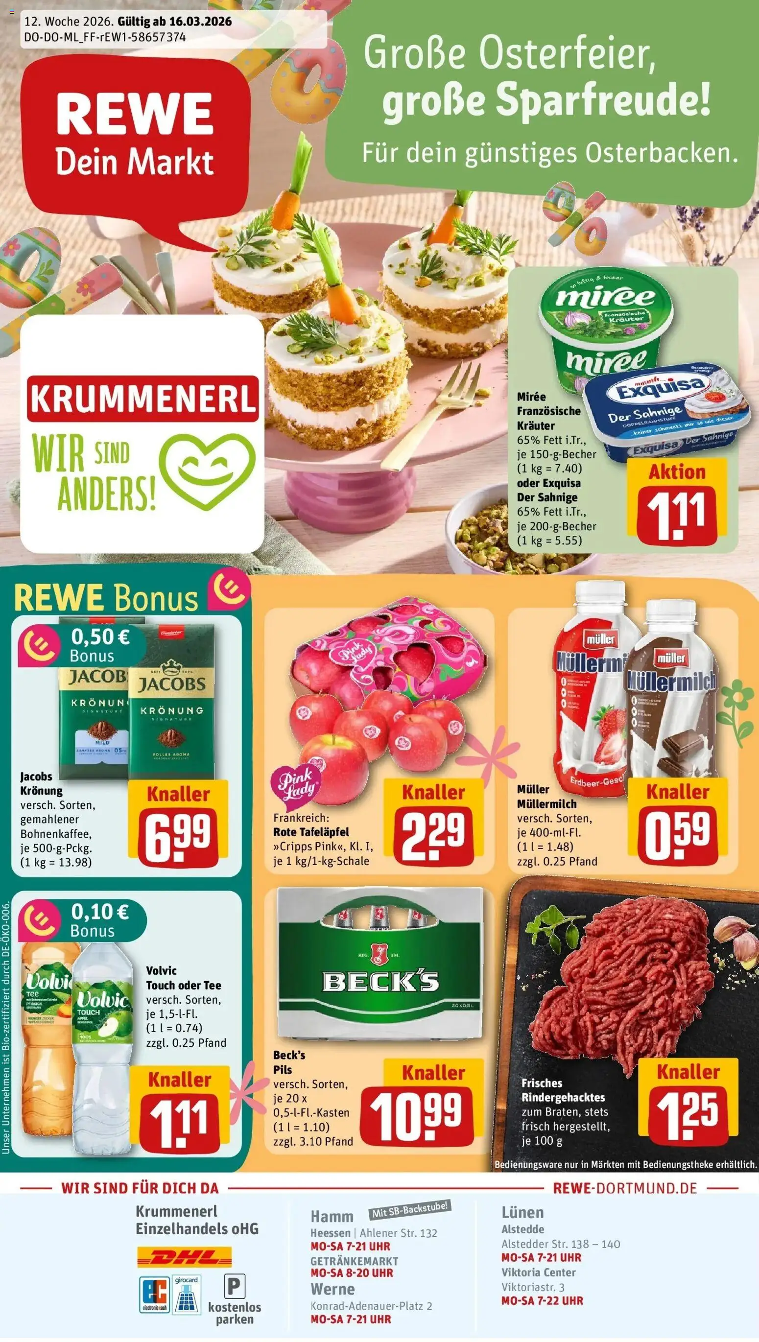 Vorschau von dem Prospekt des Geschäftes Rewe, gültig ab dem 15.03.2026 - Uhr, Äpfel, Tee, Pfirsich, Pils, Exquisa, Volvic touch, Muller mullermilch
