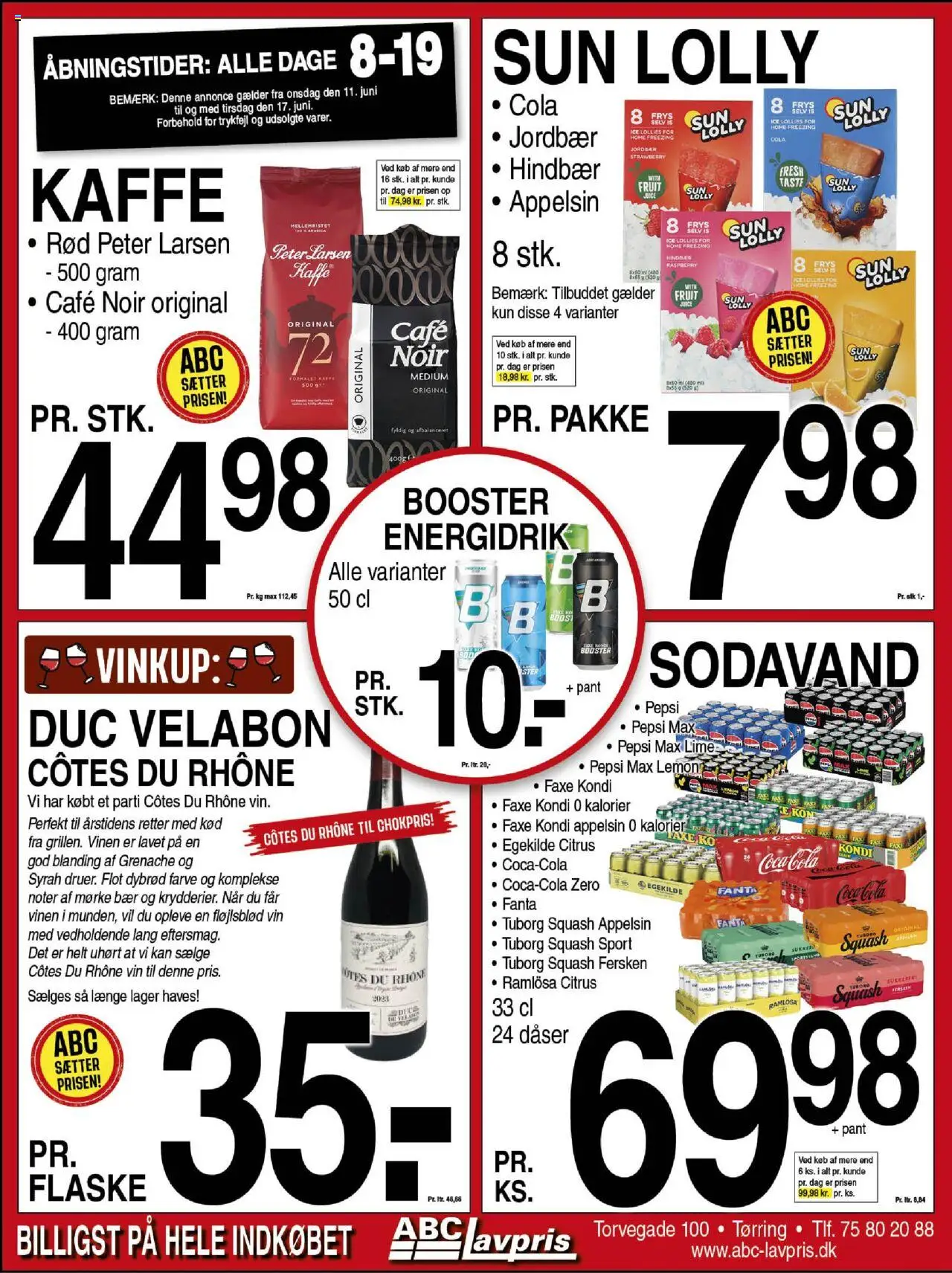 Abc Lavpris tilbudsavis gyldig fra 11/06/2025 - side 1 - Kaffe, Squash, Faxe Kondi, Jordbær, Cola, Pepsi Max, Lime, Tuborg Squash
