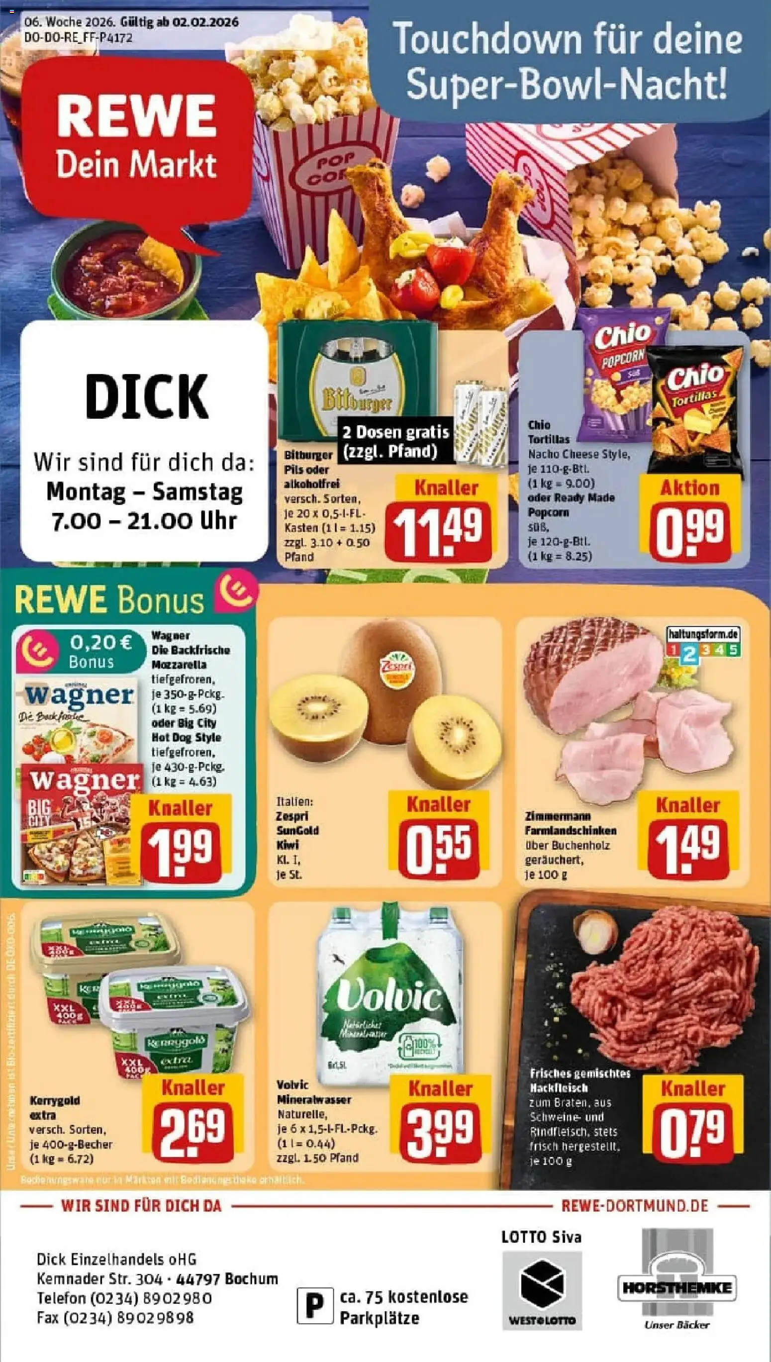 Vorschau von dem Prospekt des Geschäftes Rewe, gültig ab dem 02.02.2026 - Chips, Uhr, Butter, Kiwi, Mozzarella, Hackfleisch, Theke, Pils