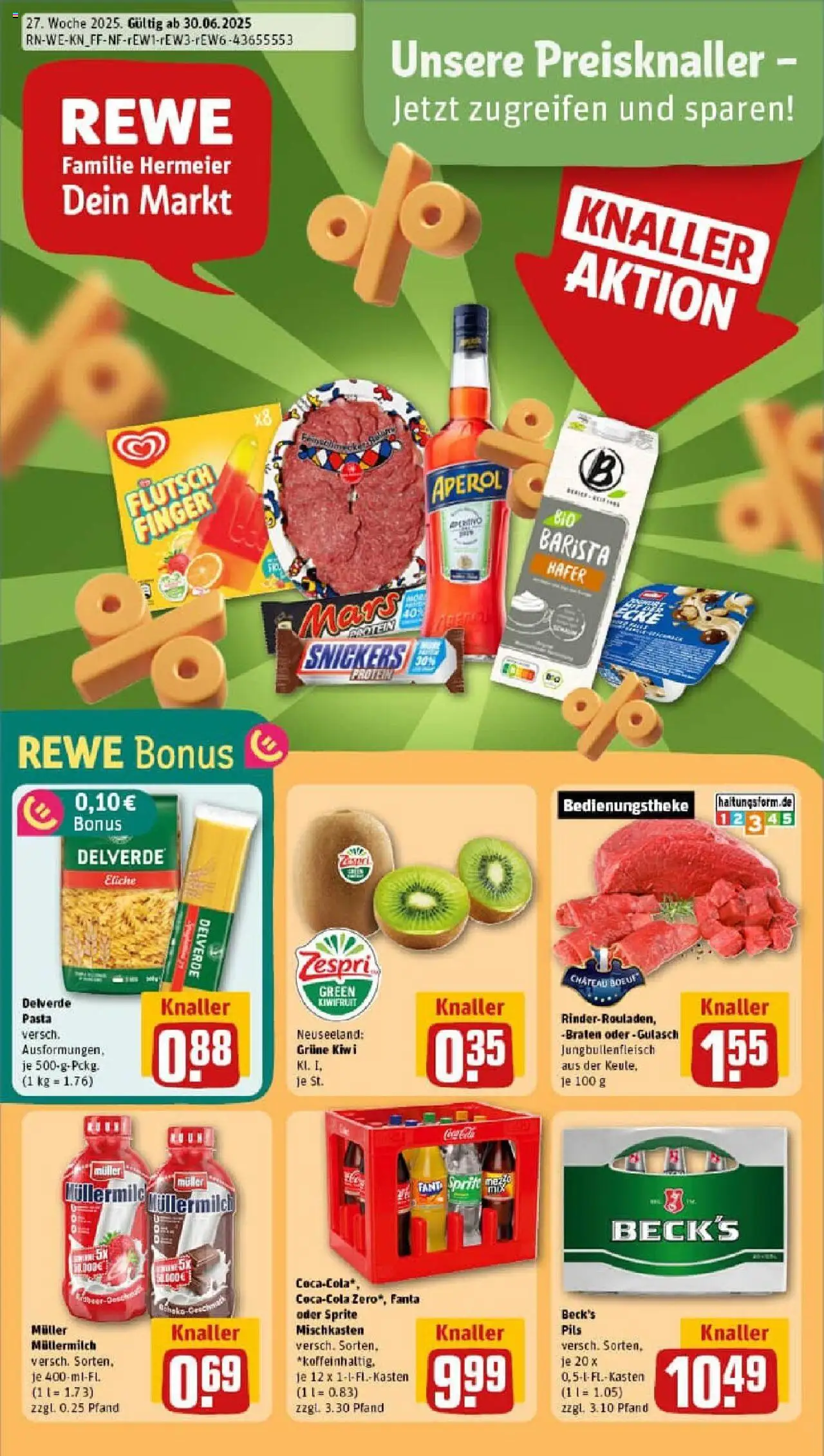 REWE Prospekt ab 29.06.2025 nächste Woche - Prospekt Neunkirchen / Seelscheid - Eis, Aperol, Mars, Snickers, Salami, Sprite, Pils, Muller mullermilch