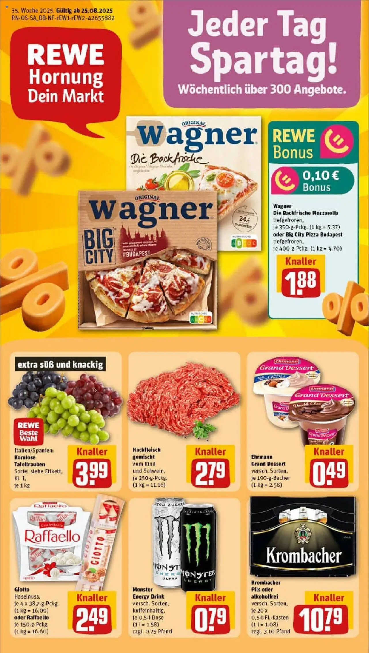 REWE Prospekt ab 24.08.2025 nächste Woche - Prospekt Querfurt - Pizza, Monster, Mozzarella, Krombacher, Hackfleisch, Raffaello, Energy, Ehrmann grand dessert