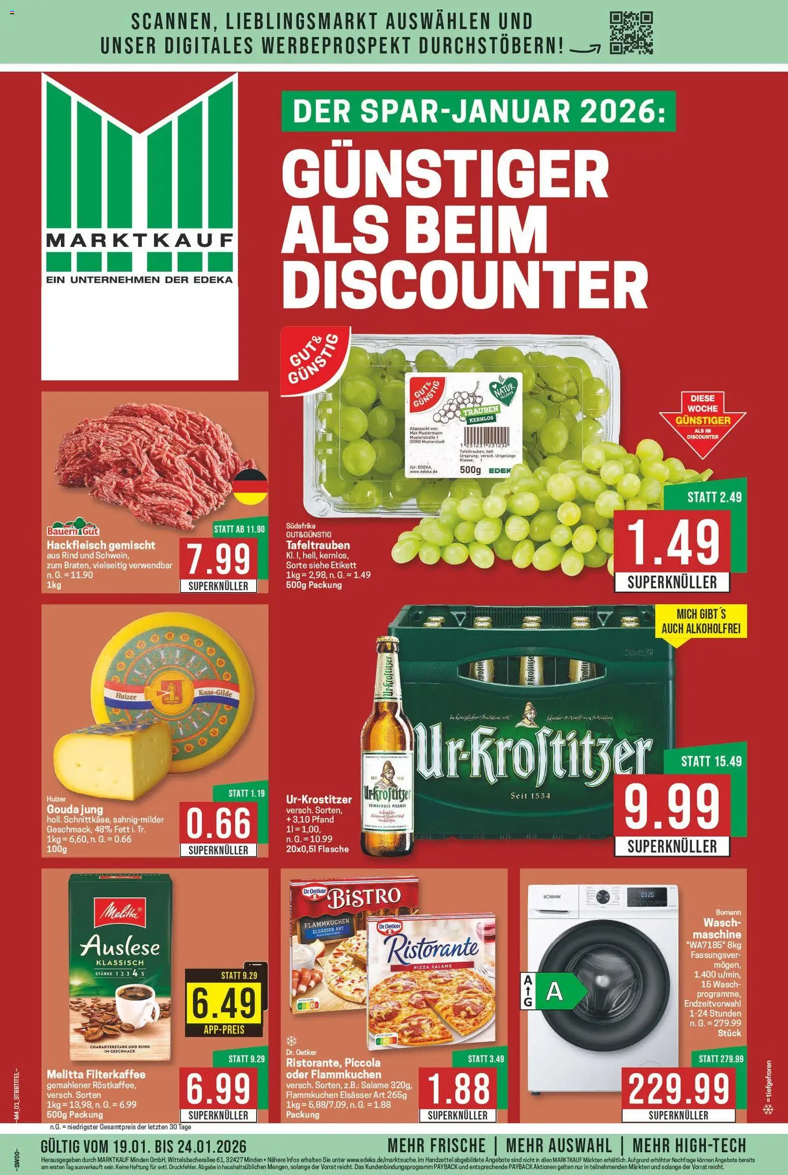 Vorschau von dem Prospekt des Geschäftes Marktkauf, gültig ab dem 19.01.2026 - Hackfleisch, Ristorante, Trauben, Gouda, Melitta