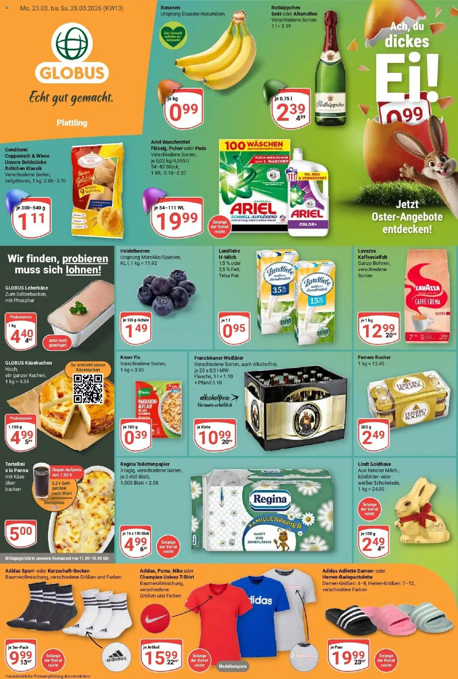 Vorschau von dem Prospekt des Geschäftes Globus, gültig ab dem 23.03.2026 - Lindt, Milch, Lavazza, Ferrero rocher, Sekt, Franziskaner, Knorr fix, Leberkase