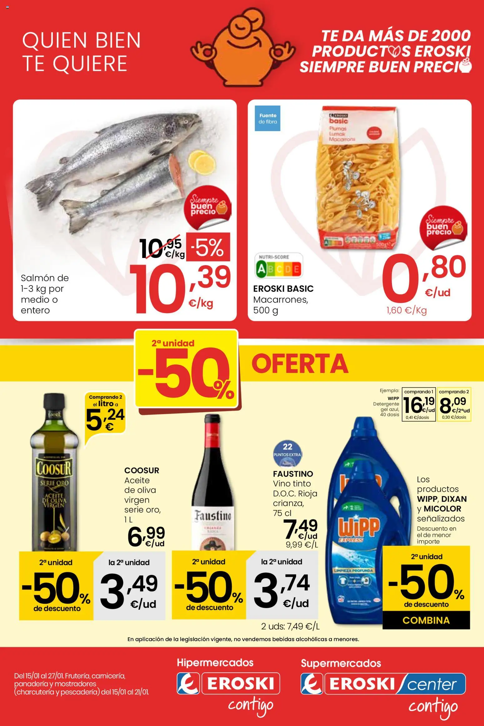 Vista previa del folleto de la tienda Eroski válido desde el 15/01/2026 - Panadería, Té, Vino, Aceite, Vino tinto, Bebidas, Detergente, Salmón