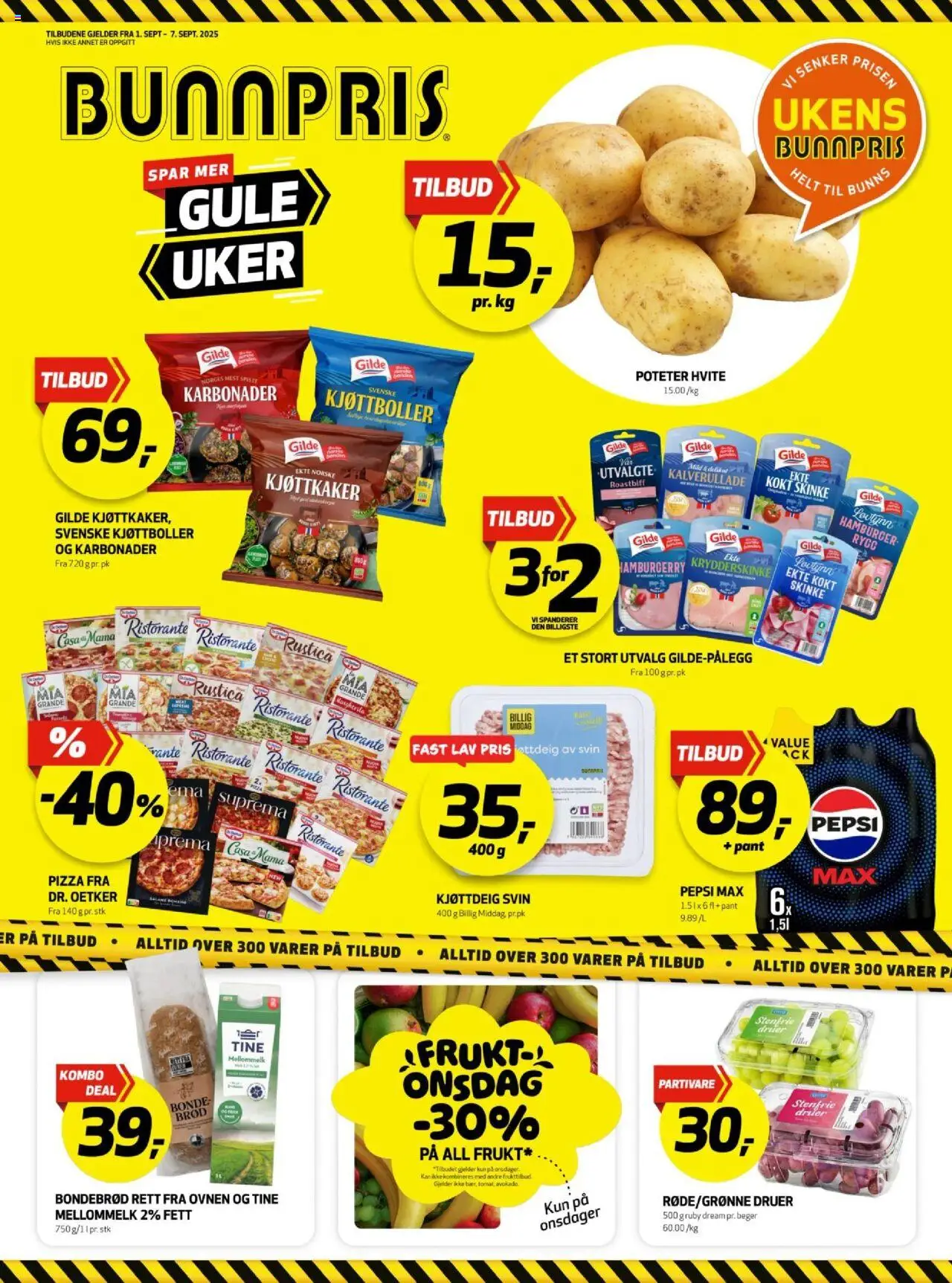 Kundeavis Kristiansund Bunnpris gyldig fra 01/09/2025 - Sidenummer 1 - Skinke, Svin, Kjøttboller, Karbonader, Kjøttkaker, Brød på, Pepsi, Kokt skinke