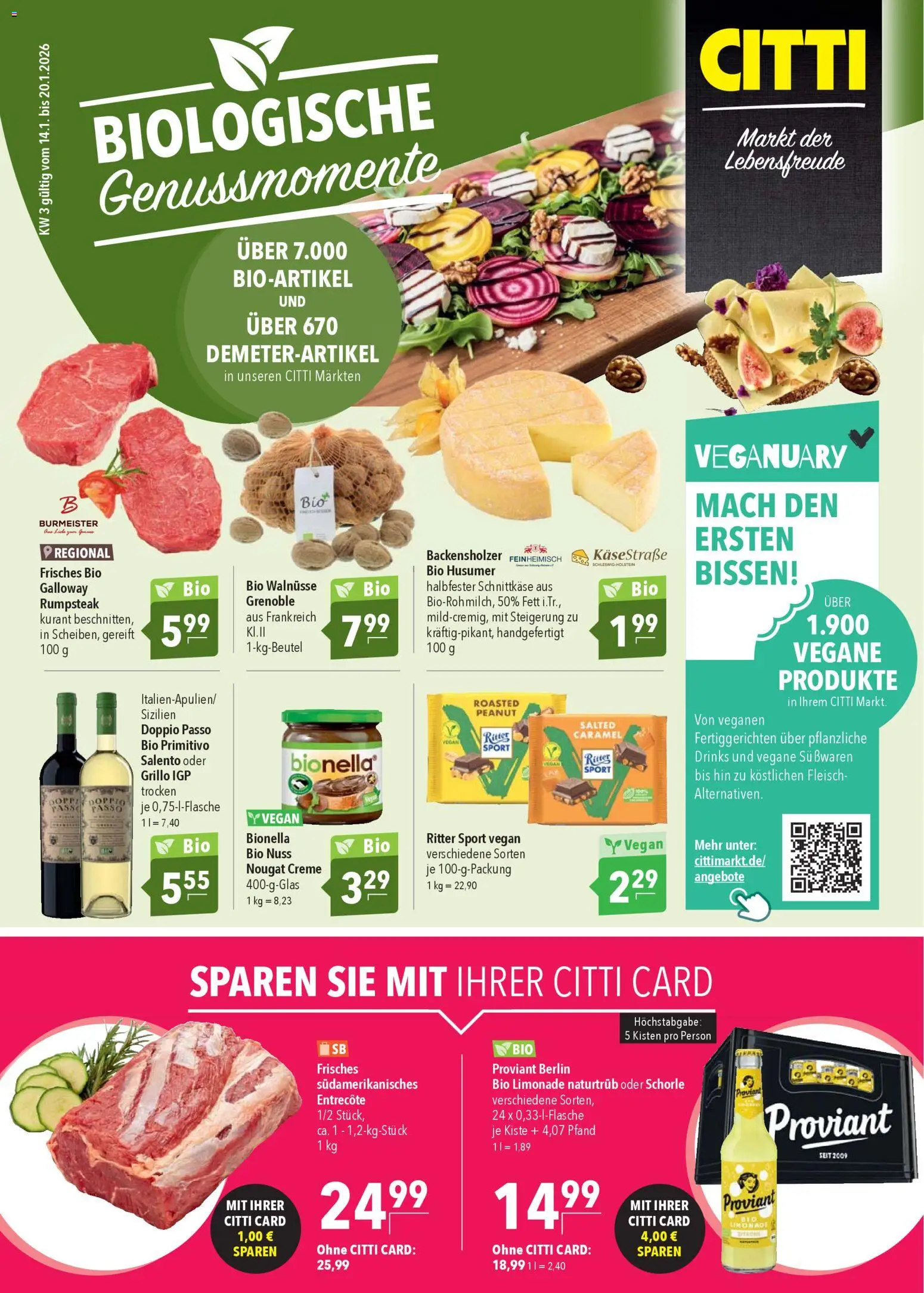 Vorschau von dem Prospekt des Geschäftes CITTI Markt, gültig ab dem 14.01.2026 - Entrecote, Rumpsteak, Ritter sport, Fleisch, Walnüsse, Creme, Doppio Passo, Limonade