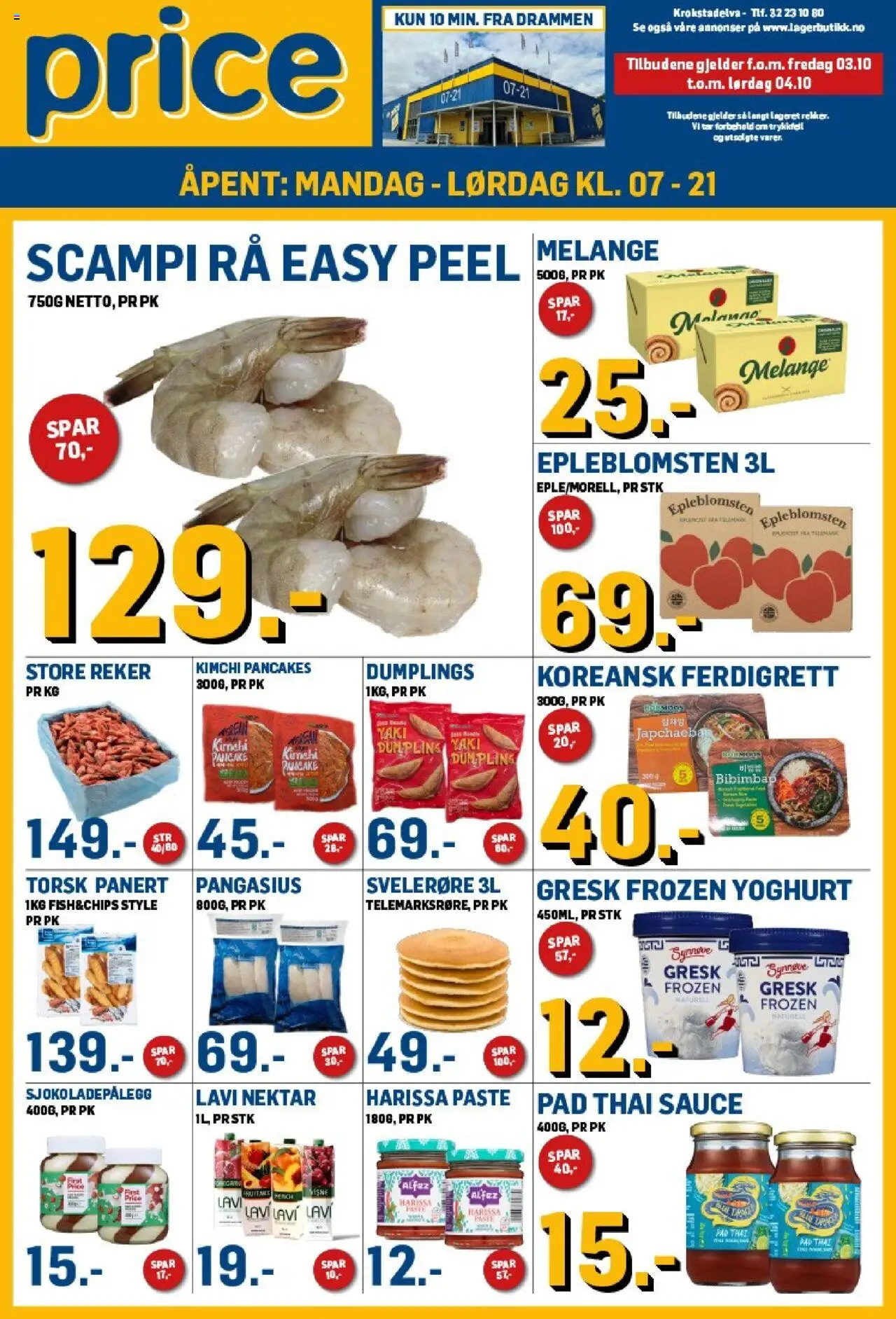 Kundeavis Price Lagerbutikk gyldig fra 03/10/2025 - Sidenummer 1 - Yoghurt, Melange, Sjokoladepålegg, Reker, Kimchi, Dumpling, Pangasius, Scampi