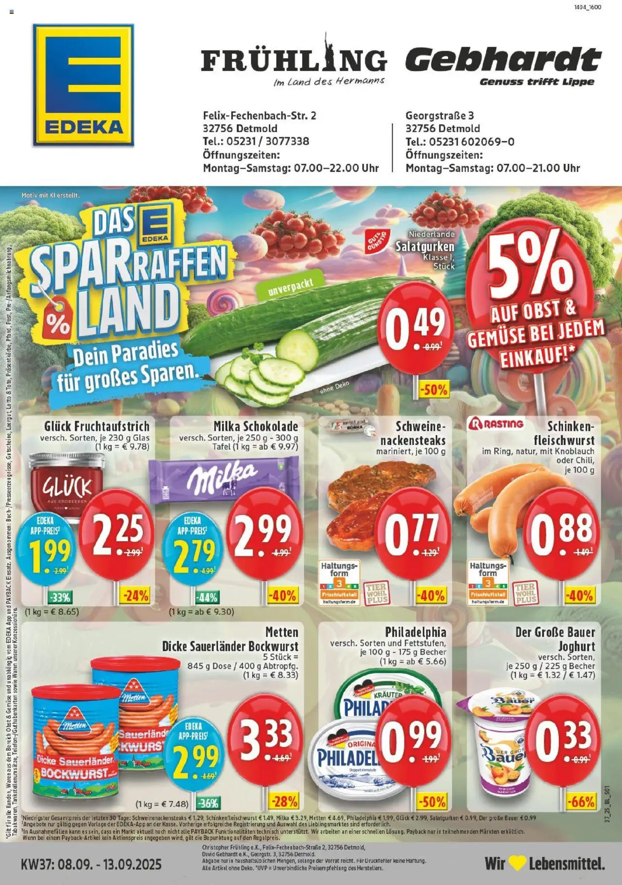 EDEKA Prospekt ab 07.09.2025 - Prospekt Detmold Online - Erdbeeren, Joghurt, Philadelphia, Gemüse, Milka schokolade, Milka, Pfirsich, Nackensteaks