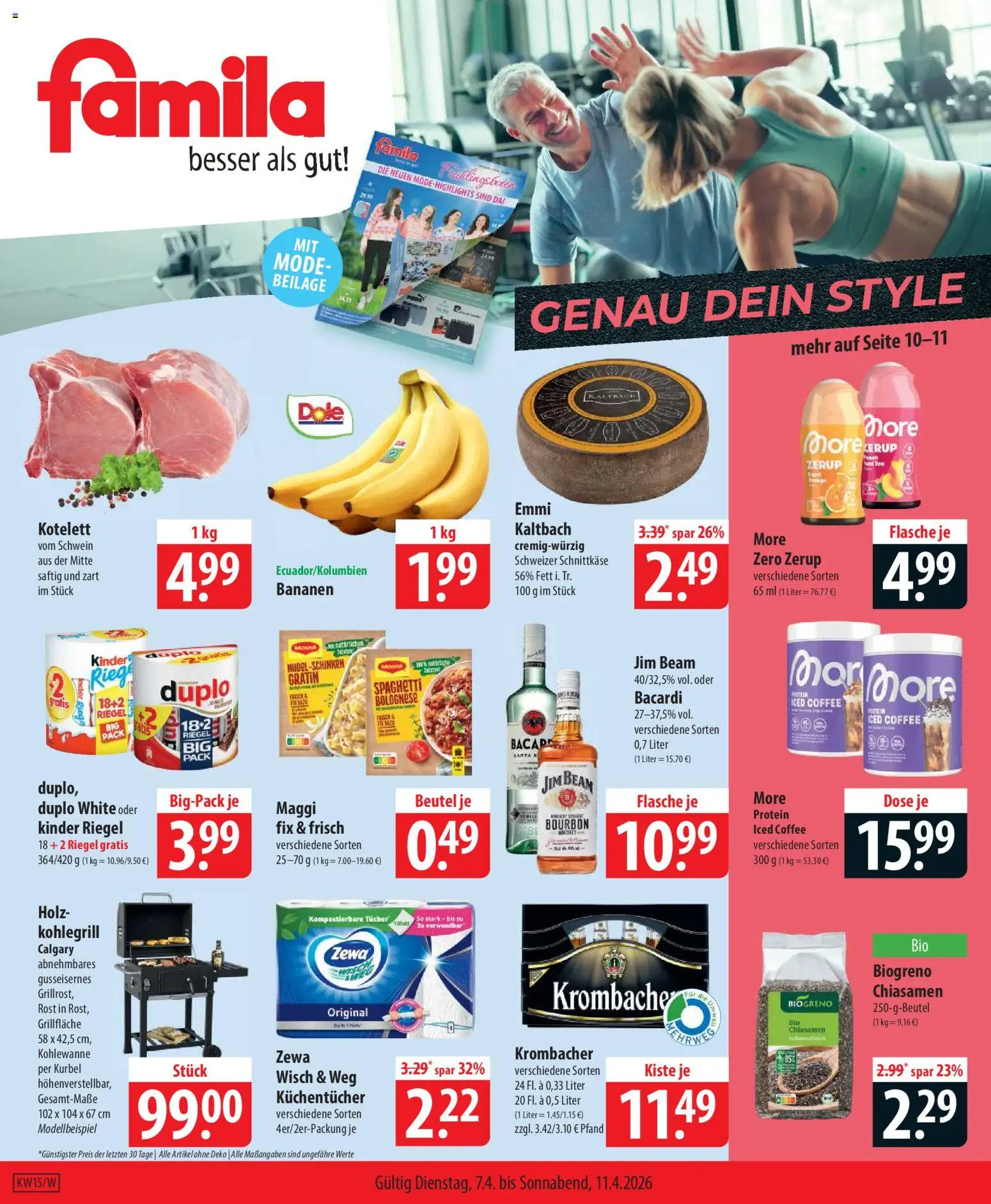 Vorschau von dem Prospekt des Geschäftes Famila, gültig ab dem 07.04.2026 - Spaghetti, Maggi, Krombacher, Bacardi, Jim beam, Bourbon, Zewa, Kinder riegel