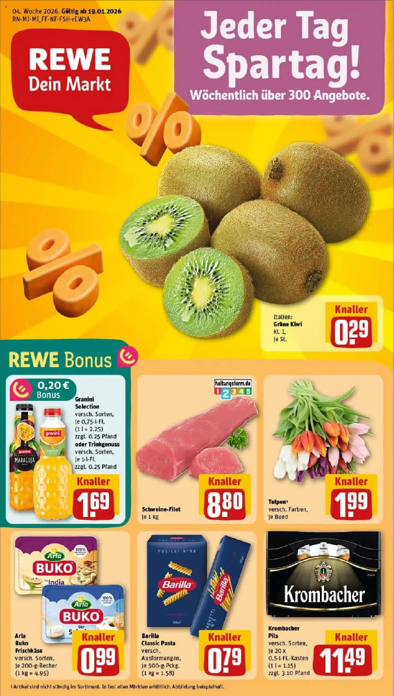 Vorschau von dem Prospekt des Geschäftes Rewe, gültig ab dem 19.01.2026 - Pasta, Kiwi, Krombacher, Schweinefilet, Granini, Pils, Arla buko, Frischkase