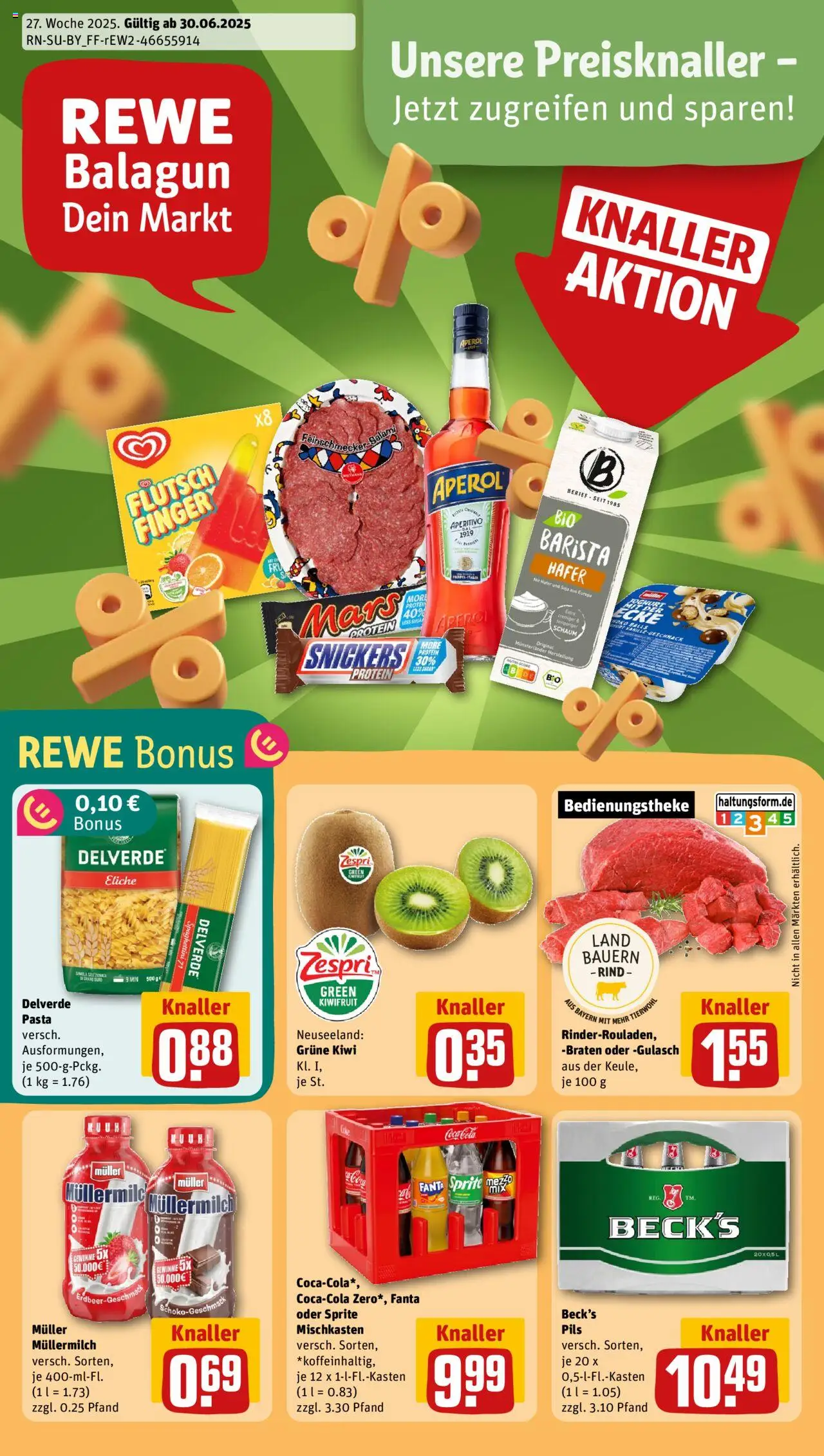 Rewe DE shop DE Folder geldig vanaf 30-06-2025 - Paginanummer 1 - Pasta, Kiwi, Coca Cola, Aperol, Snickers, Fanta, Sprite