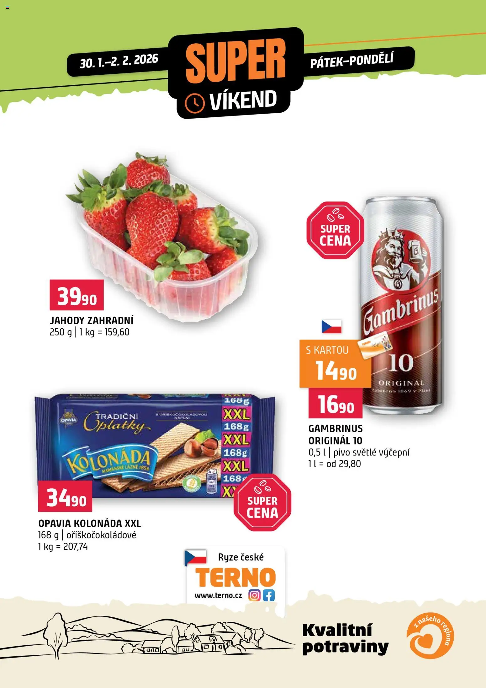 Náhled nabídky: Terno Super víkend platný od 30.01.2026 - Potraviny, Pivo, Rýže, Jahody, Gambrinus