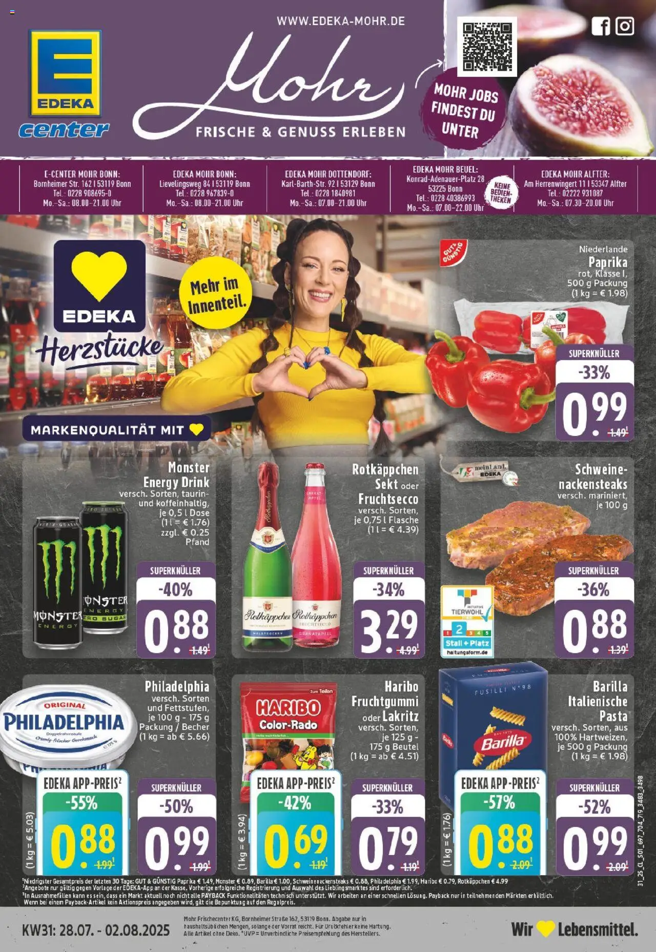 EDEKA Prospekt ab 27.07.2025 - Prospekt Bonn Online - Pasta, Monster, Granatapfel, Philadelphia, Sekt, Fruchtsecco, Nackensteaks, Rotkappchen sekt