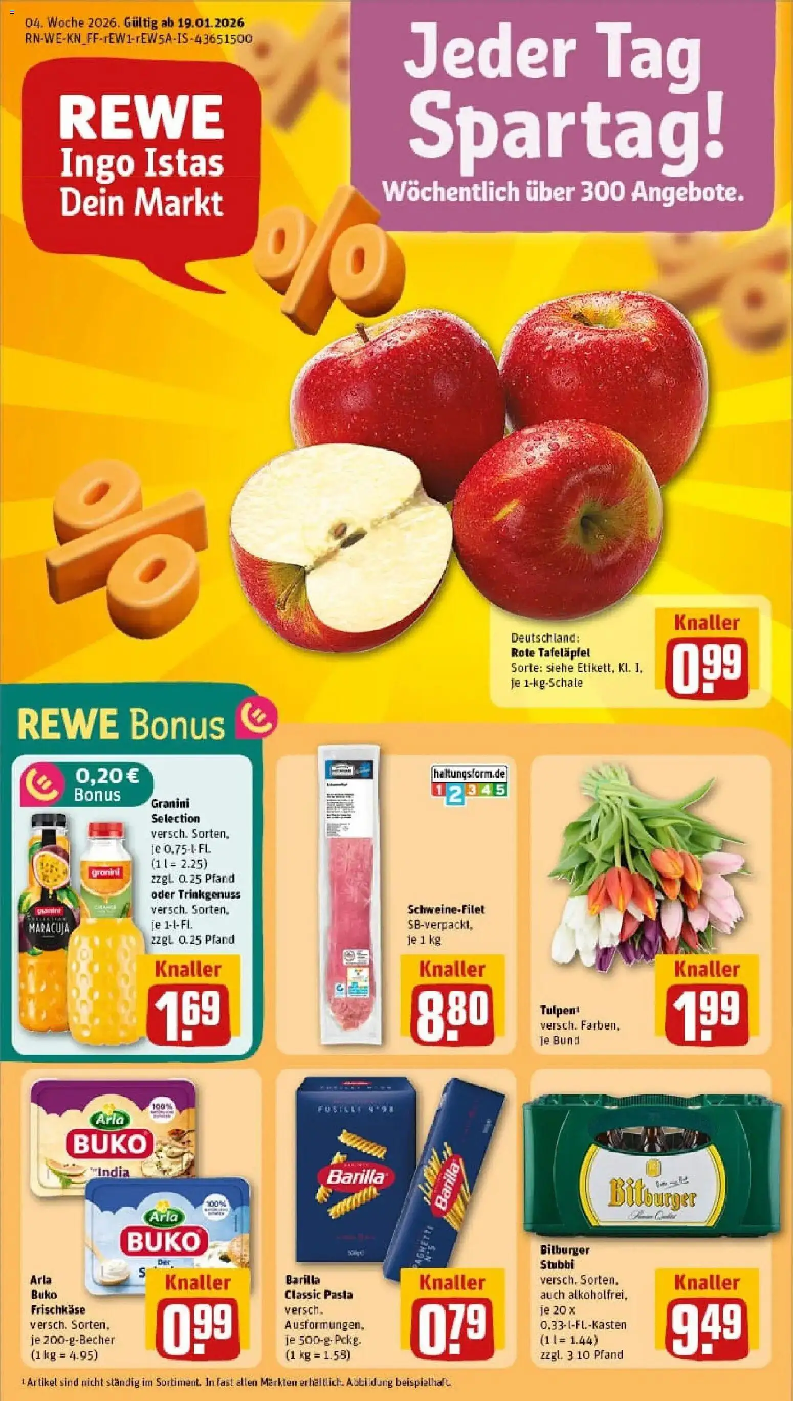 Vorschau von dem Prospekt des Geschäftes Rewe, gültig ab dem 18.01.2026 - Pasta, Schweinefilet, Barilla, Bitburger, Granini, Arla buko, Frischkase