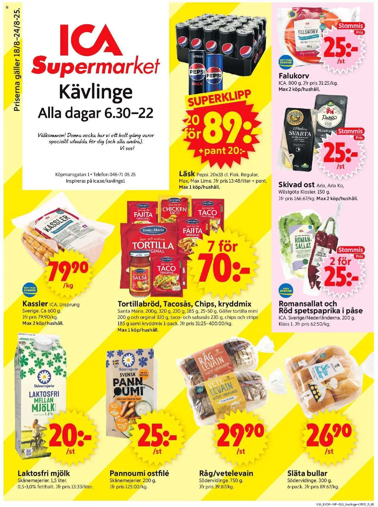 Kävlinge är giltig 18/08 2025 > Veckans Erbjudanden gäller från 18/08/2025 till 24/08/2025 sidnummer 1 - Telefon, Protein, Falukorv, Ost, Galler, Tortilla, Salsa, Skivad ost