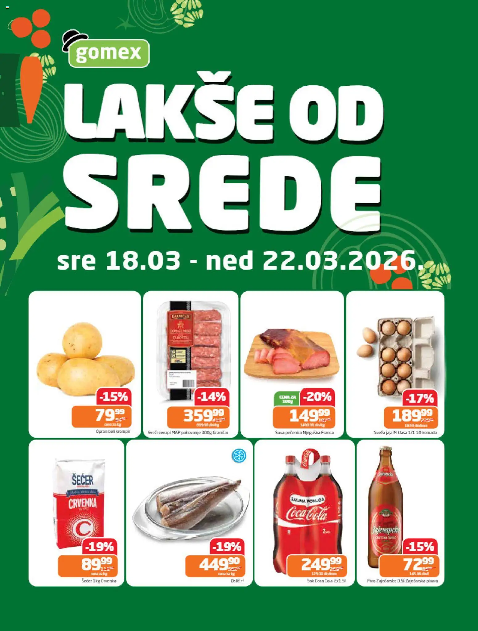 Pregled Gomex kataloga - važi od 18.03.2026 - Coca Cola, Pivo, Krompir, Šećer, Jaja, Pečenica, Pakovanje, Beli krompir