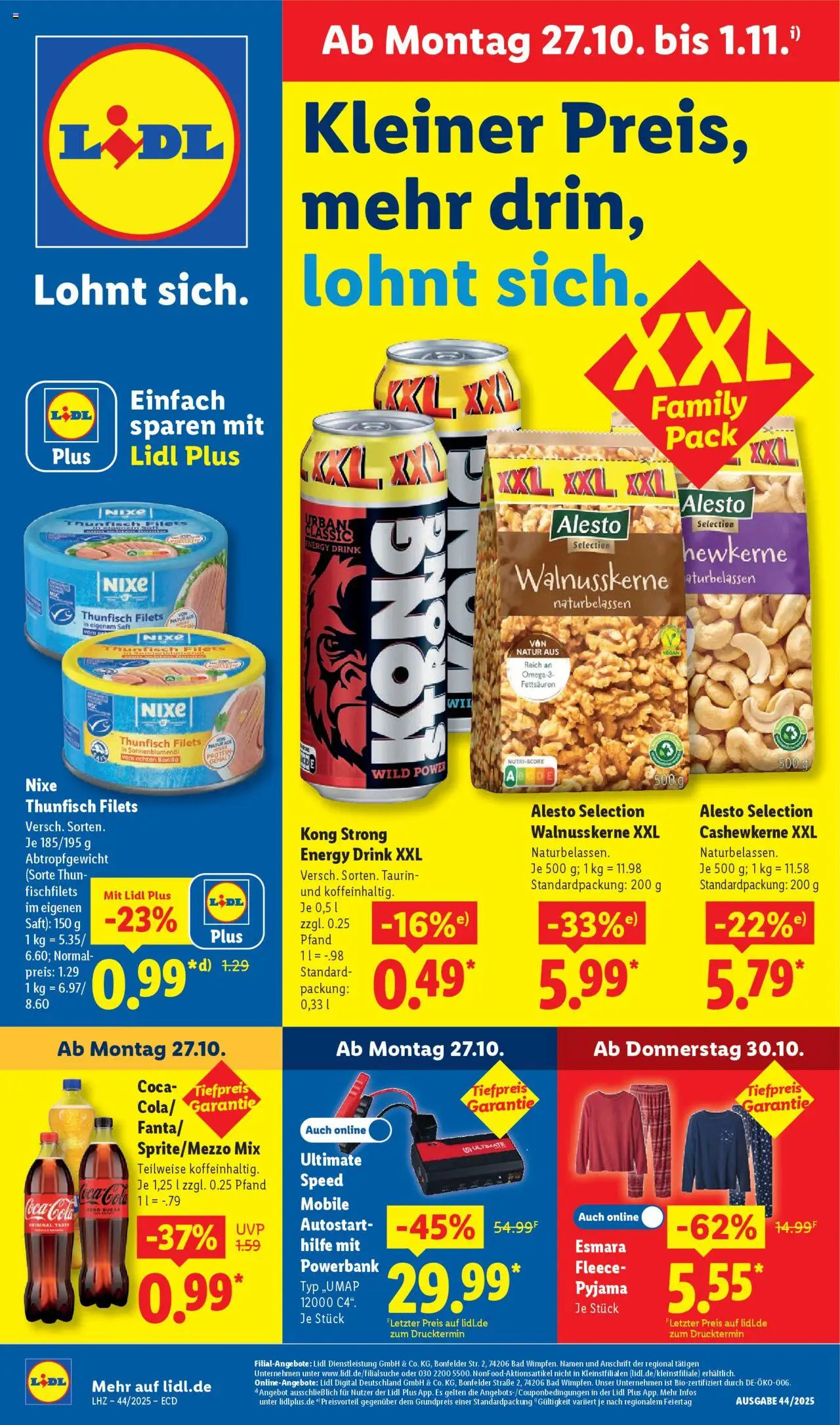 LIDL Prospekt ab Montag 27.10.2025 > Prospekt - Coca cola, Powerbank, Cola, Thunfisch, Pyjama, Energy, Saft, Sonnenblumenol