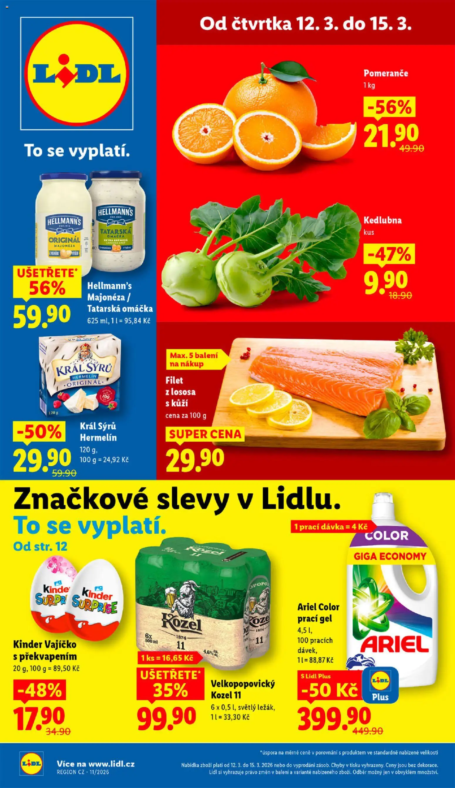 Náhled nabídky: Lidl Lidl leták platný od 12.03.2026 - Kinder, Hermelín, Kedlubna, Kozel 11, Velkopopovický Kozel, Filet z lososa, Tatarská omáčka Hellmann's, Kinder vajíčko
