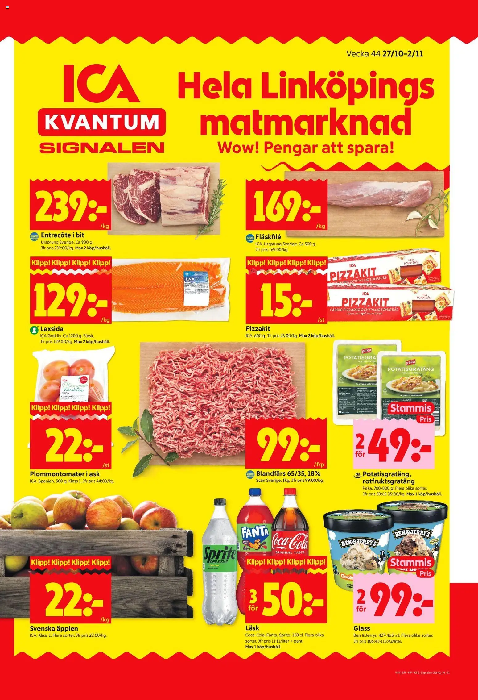 Förhandsgranska reklamblad Linköping från butik ICA Kvantum gäller från 27/10/2025 - Äpplen, Glass, Potatisgratäng, Pizzadeg, Entrecote, Lax, Plommon, Sprite