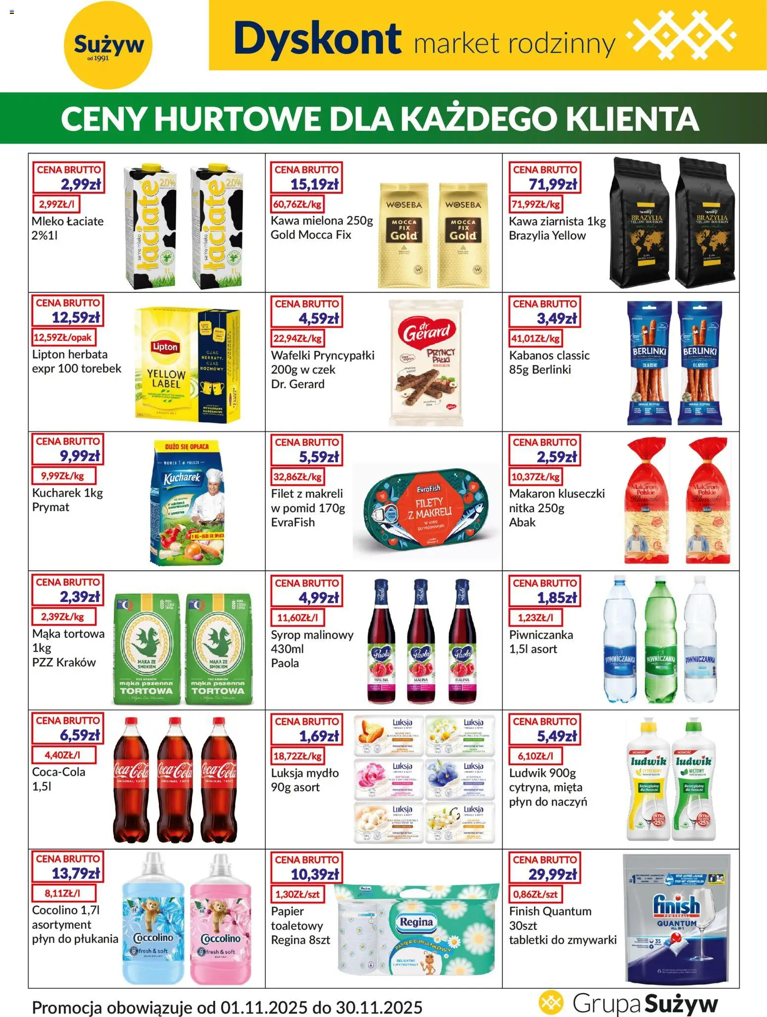 Pogląd gazetki "Dyskont" ze sklepu Sużyw ważnej od 01.11.2025 - Herbata, Mąka, Malina, Bourbon, Mięta, Berlinki, Filet, Syrop malinowy