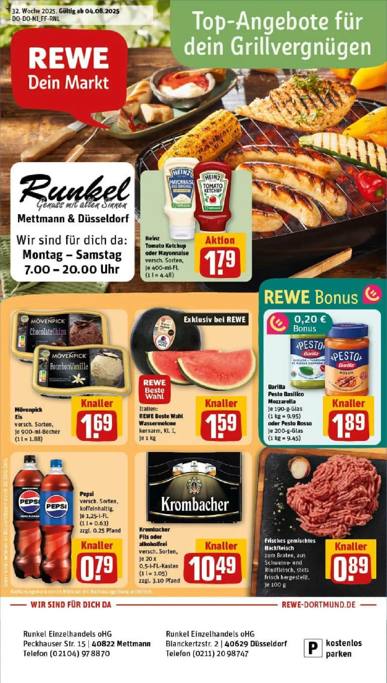 REWE Prospekt ab 03.08.2025 nächste Woche - Prospekt Düsseldorf - Uhr, Mozzarella, Krombacher, Hackfleisch, Mayonnaise, Pepsi, Theke, Movenpick eis