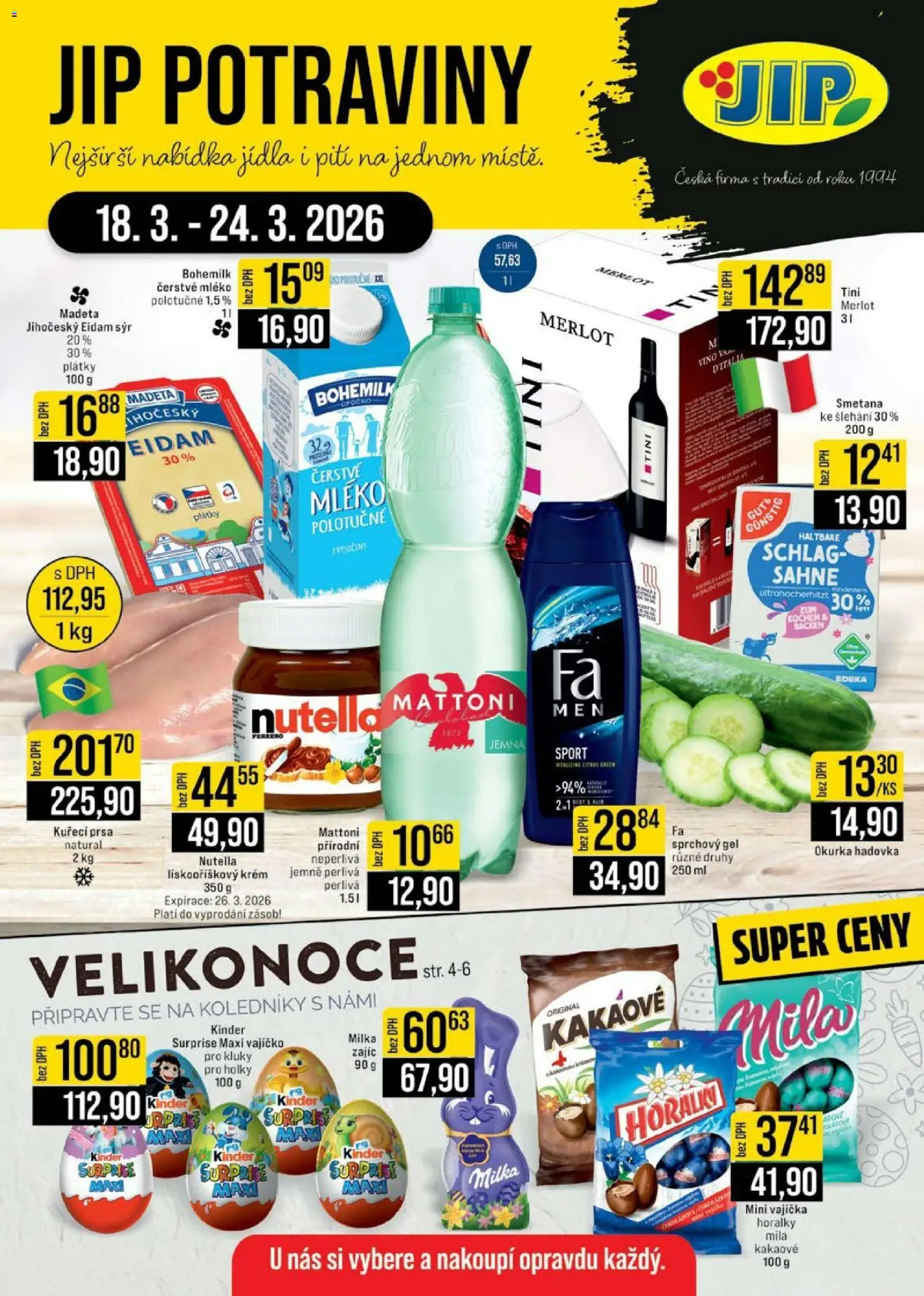 Náhled nabídky: Jip Jip leták - Cash & Carry platný od 18.03.2026 - Mléko, Milka, Nutella, Zajíc, Mila, Krém, Merlot, Horalky
