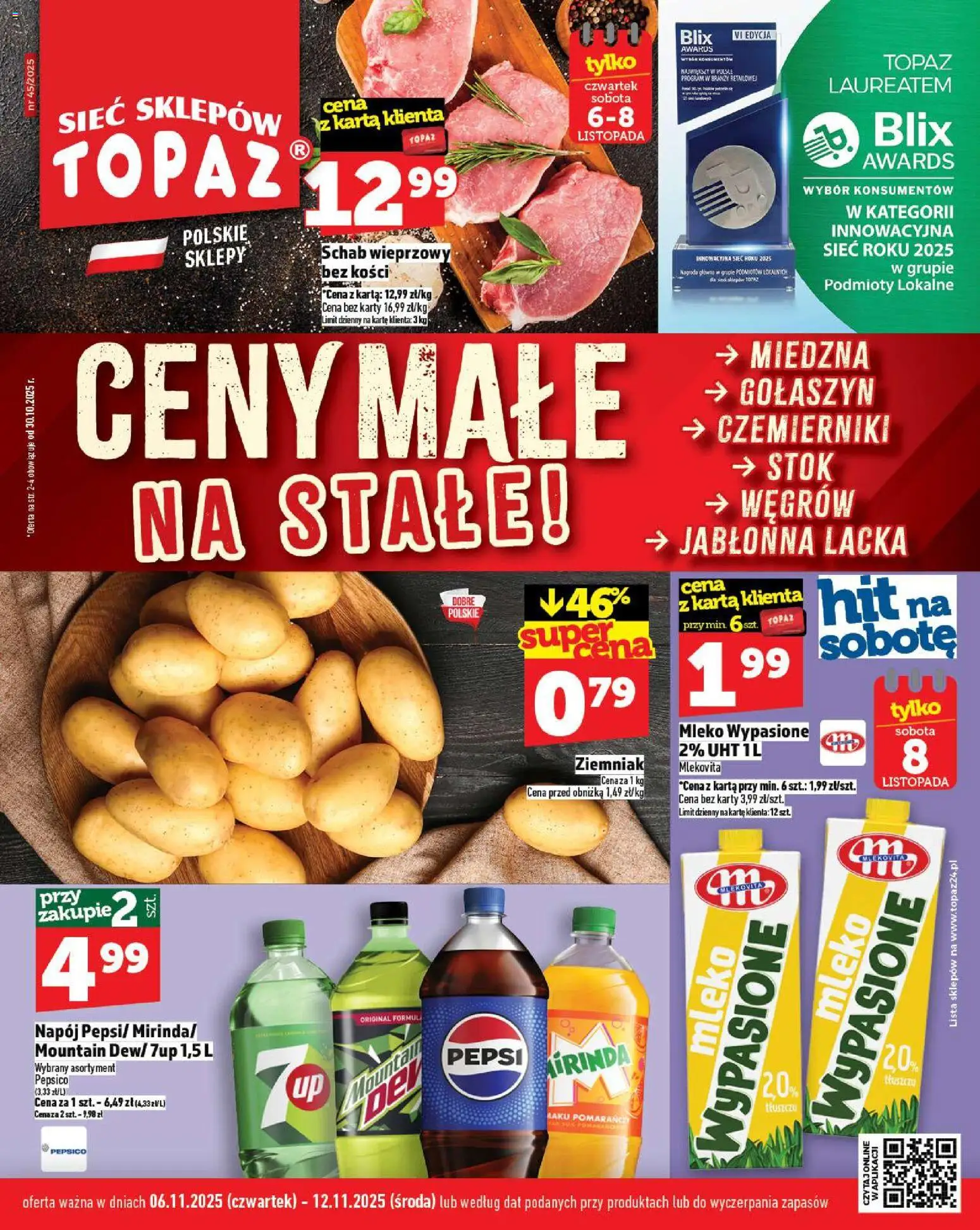 Pogląd gazetki "Ceny małe na stałe" ze sklepu Topaz ważnej od 06.11.2025 - Mleko, Pepsi, Karta, Mleko wypasione