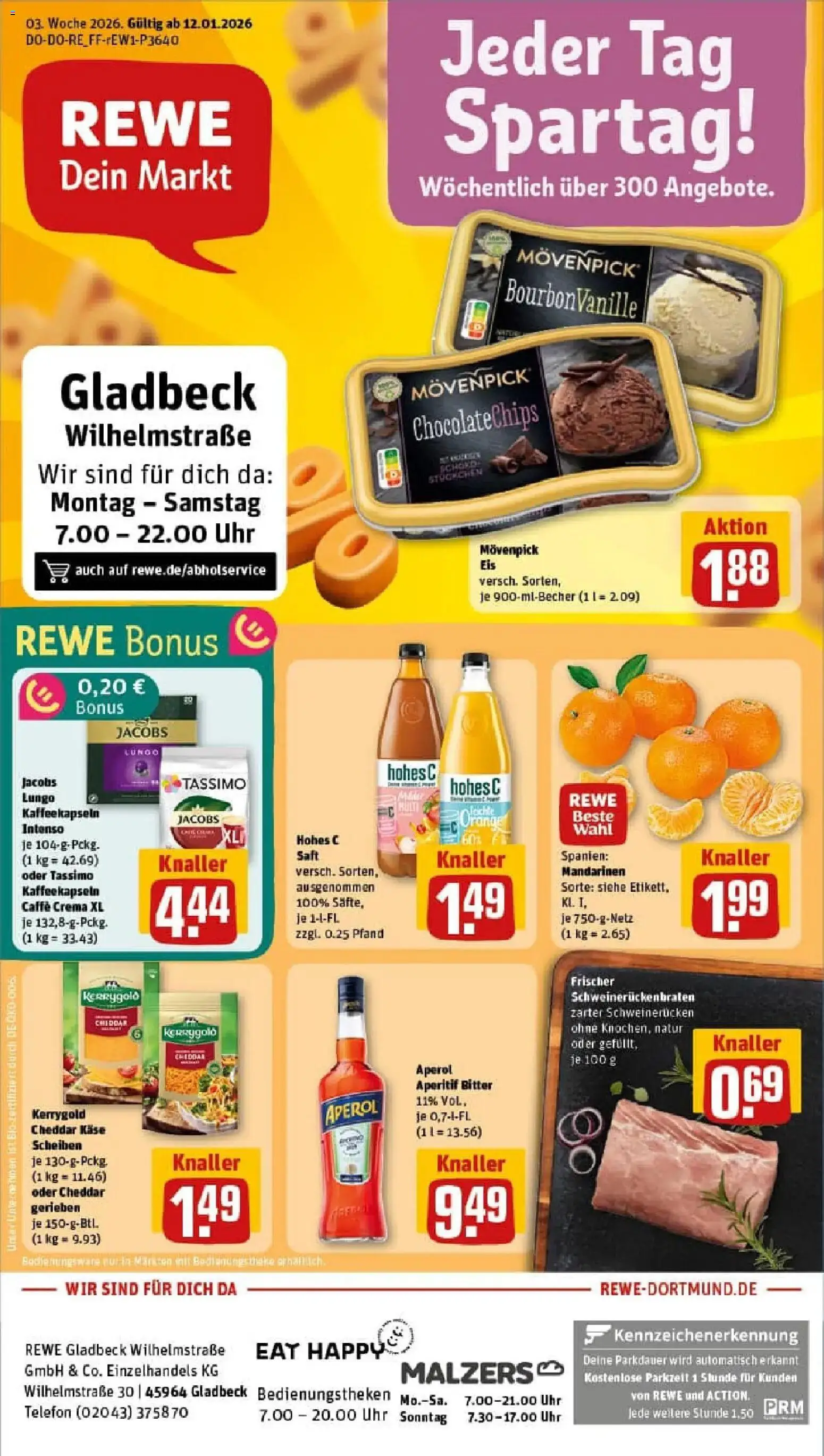 Vorschau von dem Prospekt des Geschäftes Rewe, gültig ab dem 11.01.2026 - Eis, Uhr, Telefon, Aperol, Tassimo, Mandarinen, Movenpick eis, Hohes c