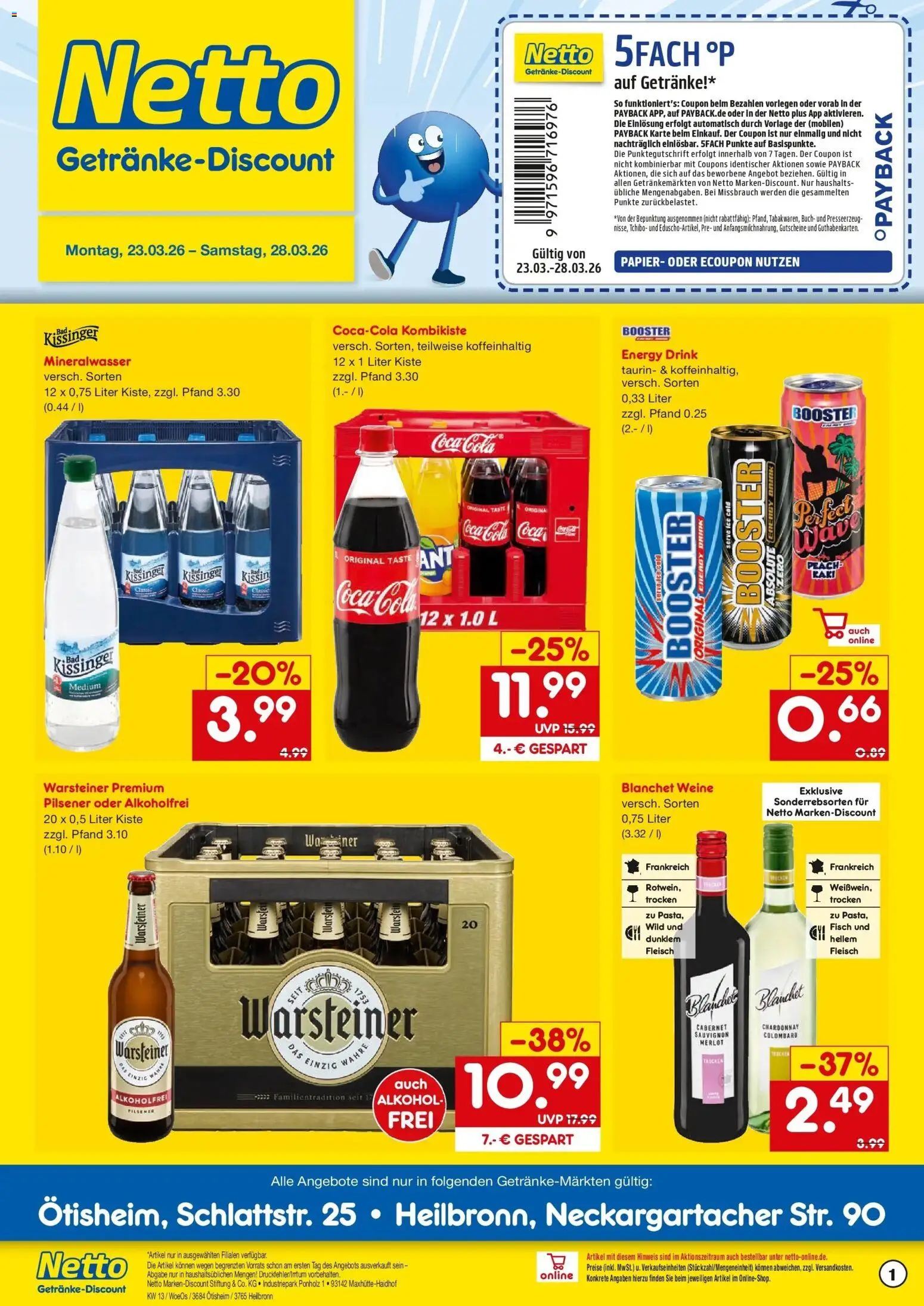 Vorschau von dem Prospekt des Geschäftes Netto Marken-Discount, gültig ab dem 23.03.2026 - Coca cola, Fisch, Cola, Mineralwasser, Warsteiner, Fleisch, Energy, Merlot