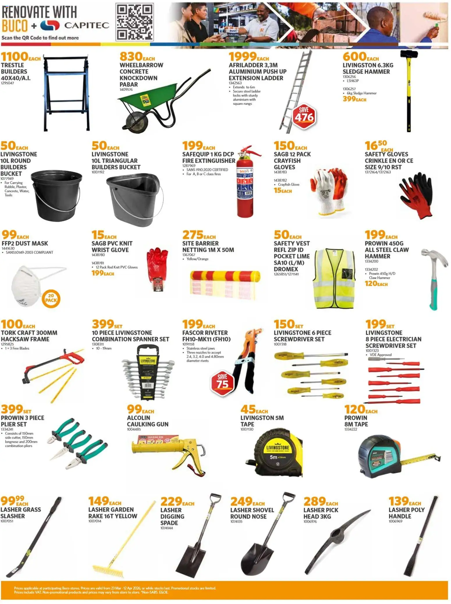 Preview of BUCO flyer valid from 23/03/2026 - Tape, Gloves, Wheelbarrow, Lime, Hammer, Vest, Hacksaw, Combination pliers