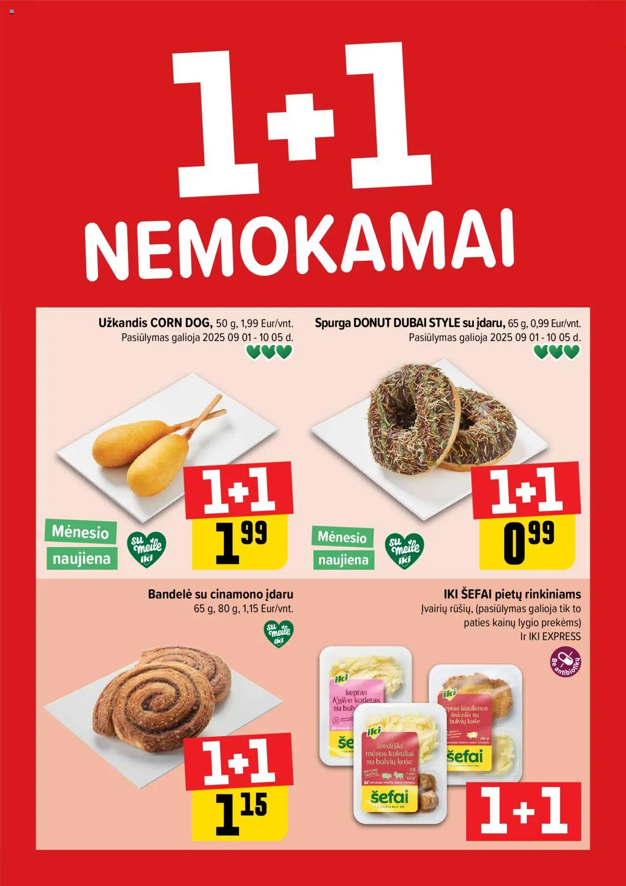 IKI leidinys galioja nuo 2025.09.08 – puslapio numeris 1 - Bandelė, Košė, Spurga, Kukuliai, Kiaulienos