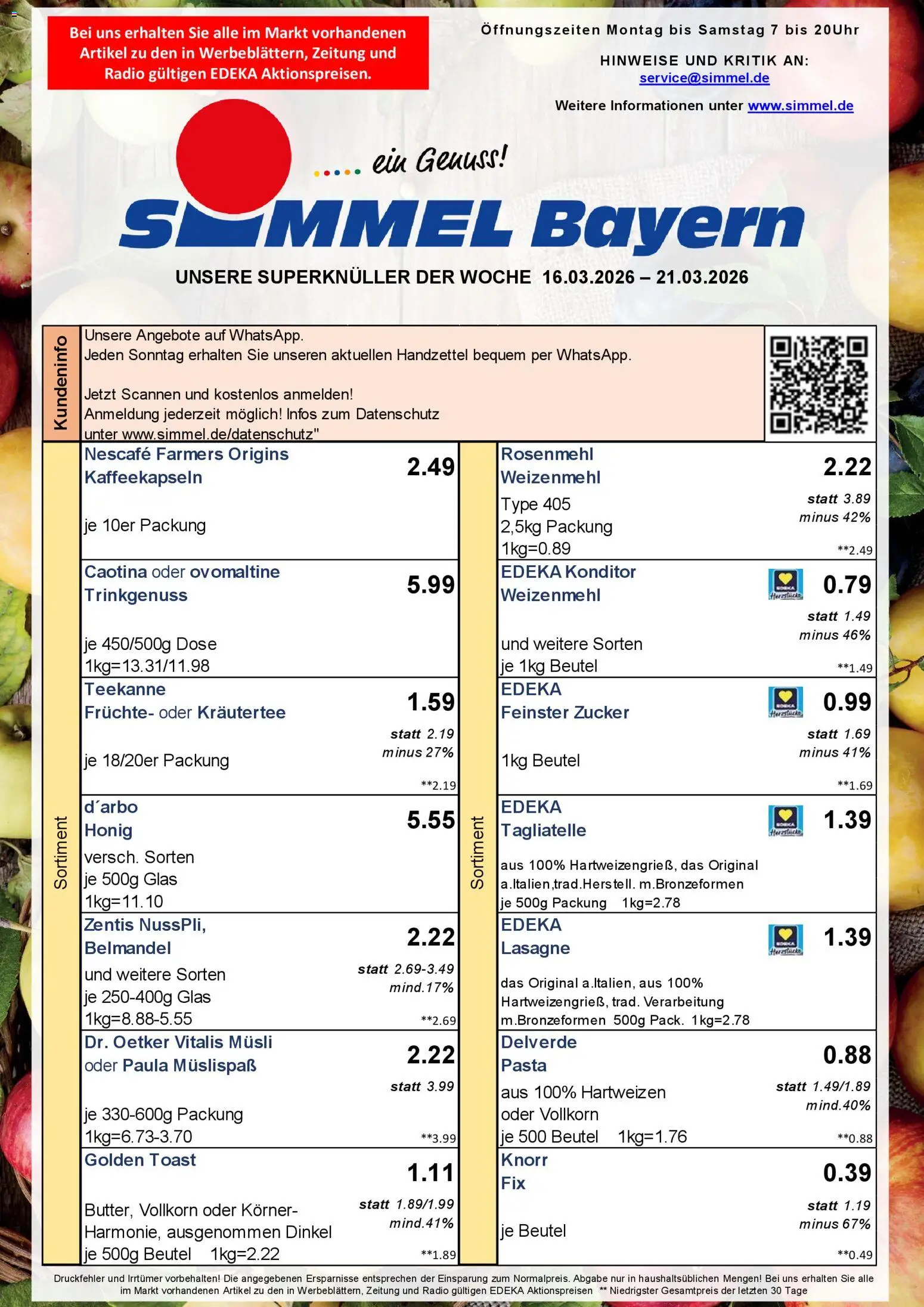 Vorschau von dem Prospekt des Geschäftes Simmel, gültig ab dem 16.03.2026 - Lasagne, Teekanne, Zucker, Ovomaltine, Nescafe, Knorr, Weizenmehl, Kräutertee