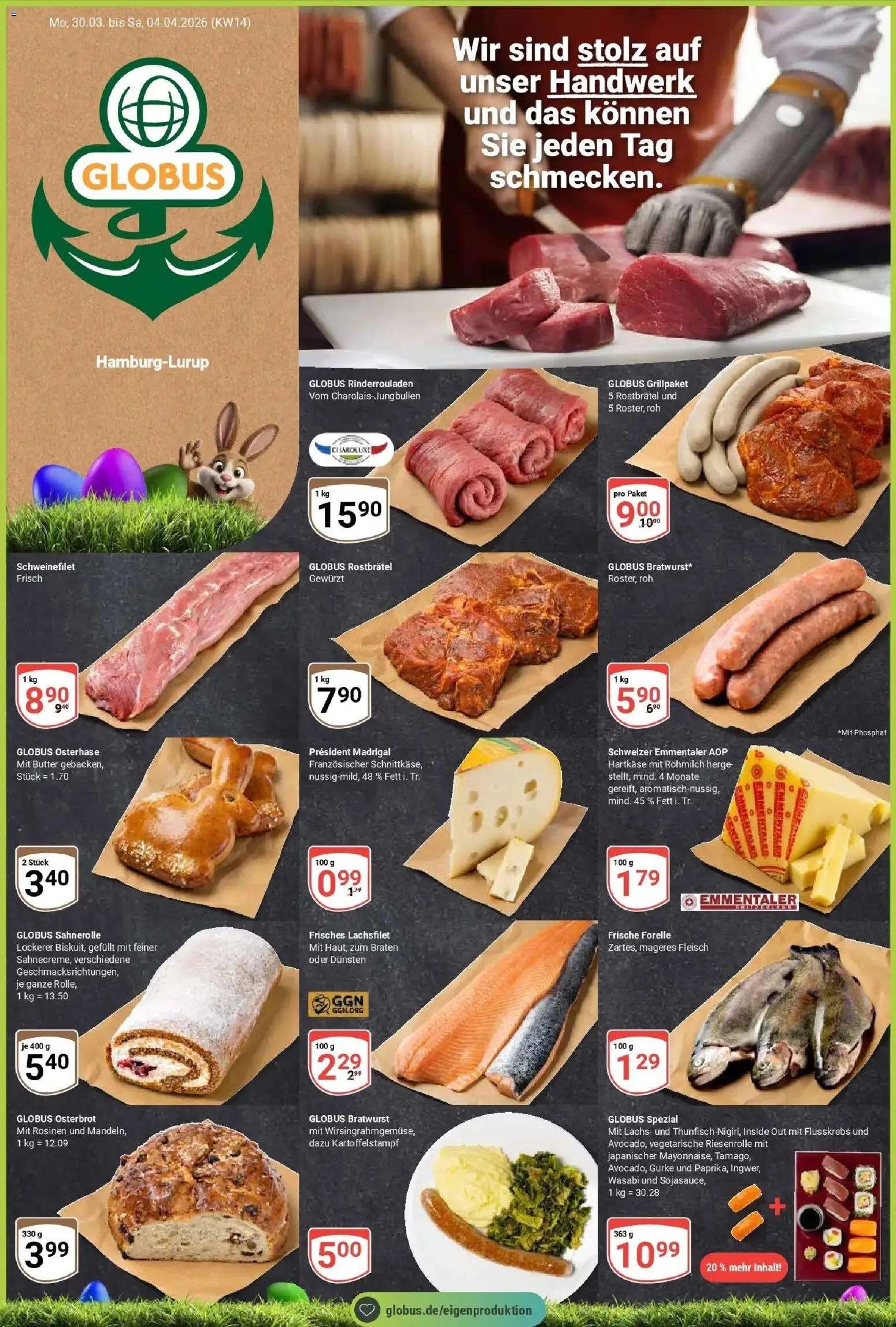 Vorschau von dem Prospekt des Geschäftes Globus, gültig ab dem 30.03.2026 - Butter, Bratwurst, Lachs, Rinderrouladen, Fleisch, Schweinefilet, Rosinen