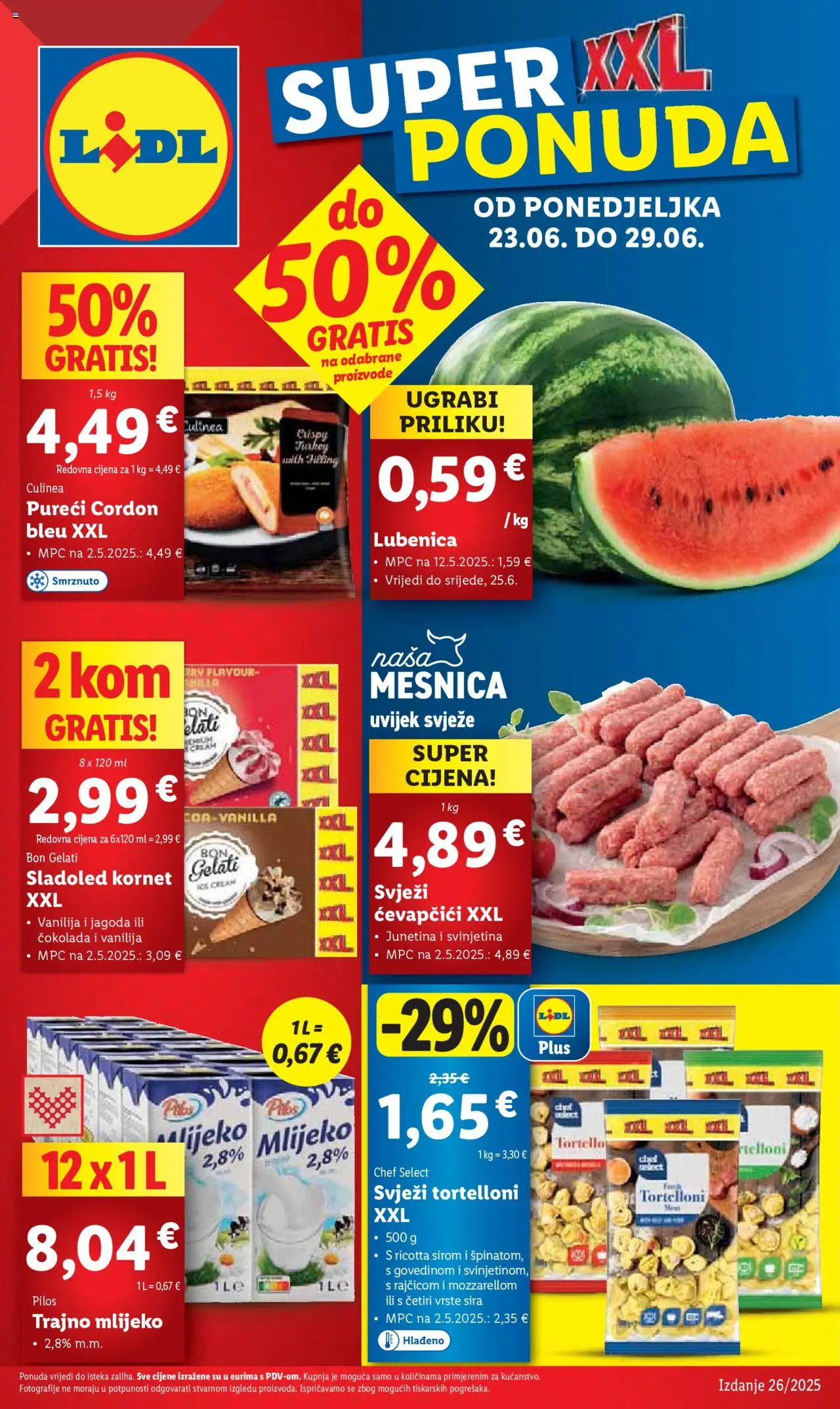 Lidl aktualni Katalog vrijedi od 23.06.2025 - tjedna akcija broj stranice 1 - Pilos, Ricotta, Mlijeko, Junetina, Svinjetina, Trajno mlijeko, Ćevapčići, Kornet