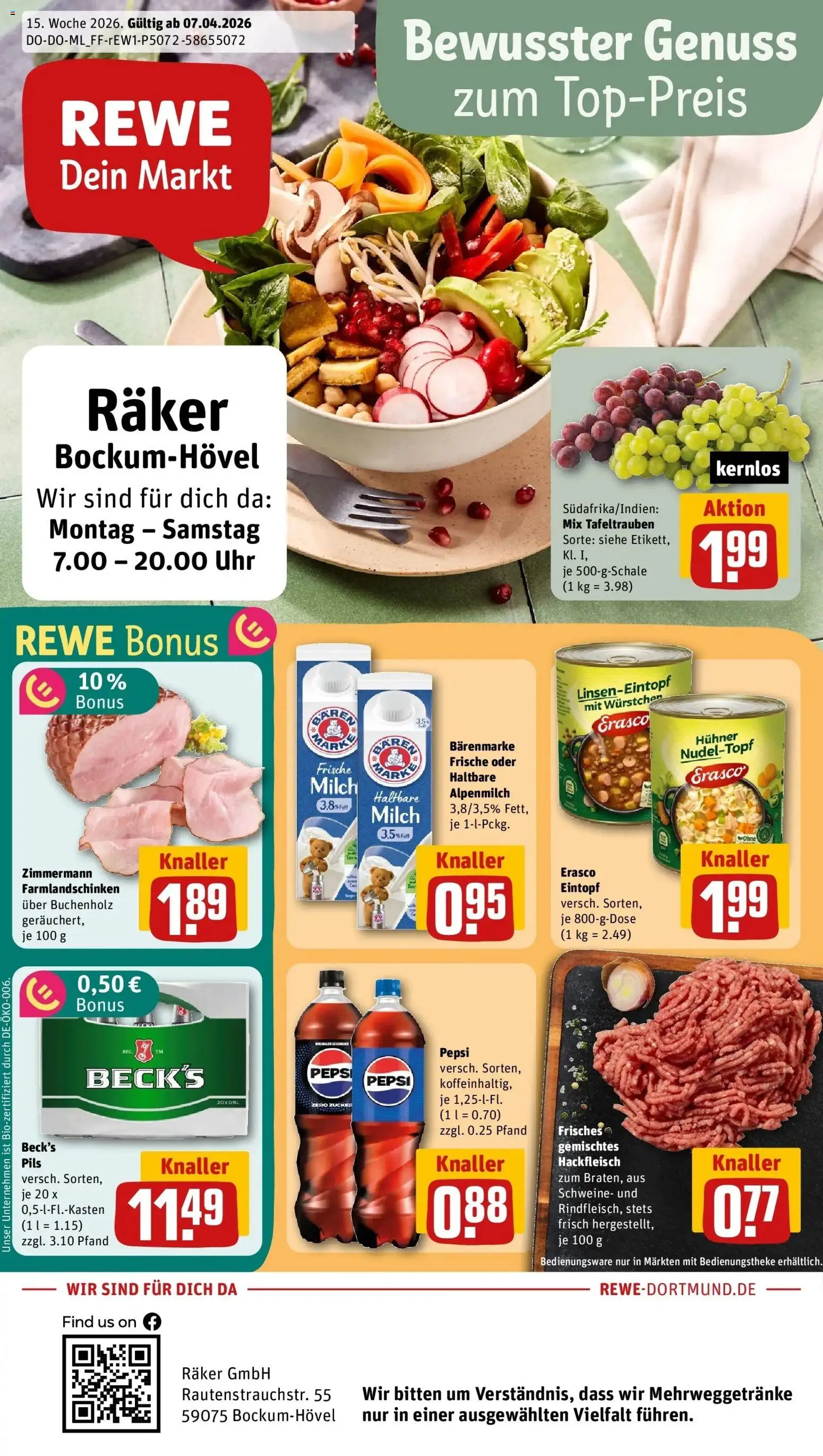 Vorschau von dem Prospekt des Geschäftes Rewe, gültig ab dem 05.04.2026 - Uhr, Milch, Hackfleisch, Zucker, Pepsi, Haltbare milch, Pils, Erasco