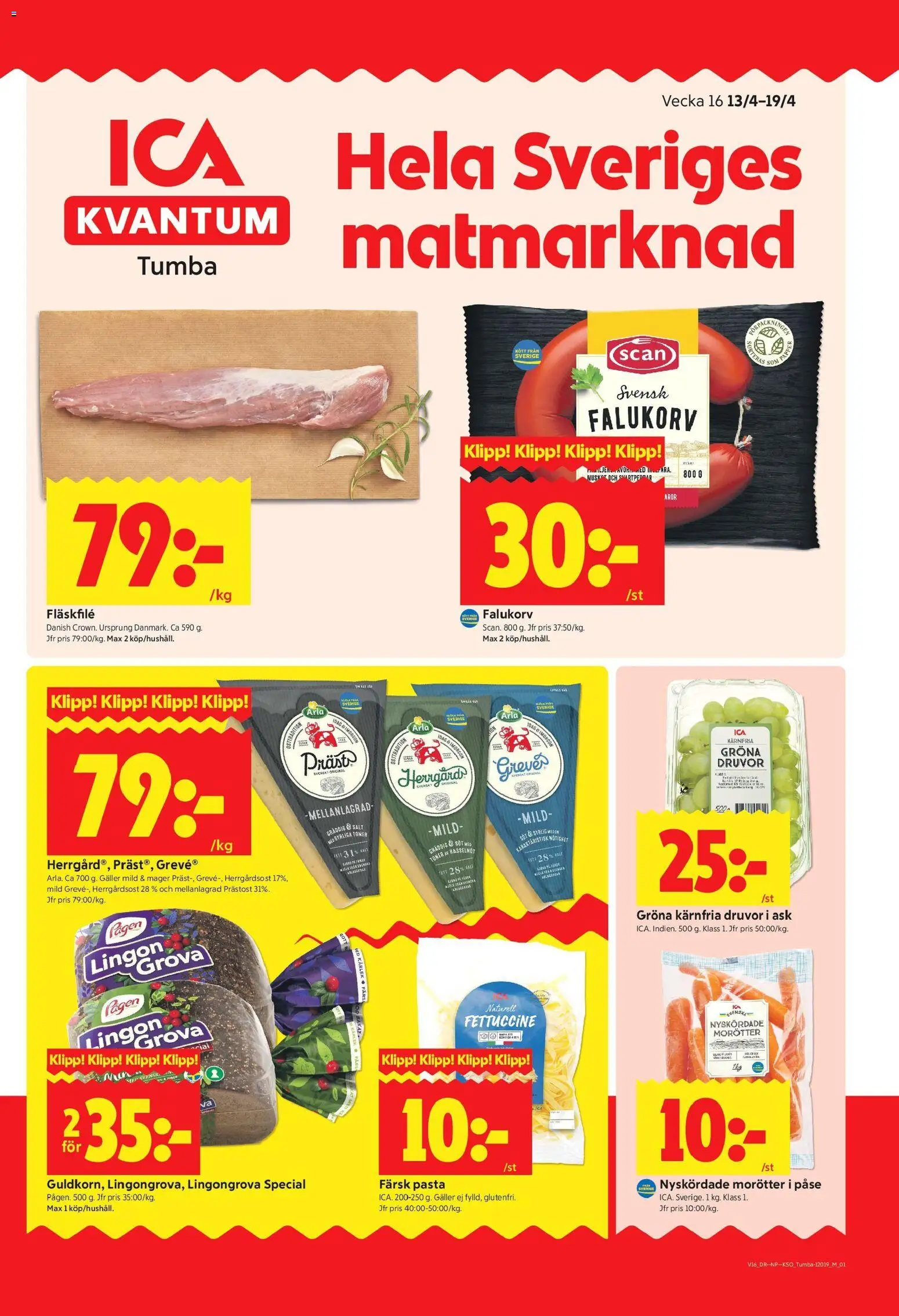Förhandsgranska reklamblad Tumba från butik ICA Kvantum gäller från 13/04/2026 - Pasta, Falukorv, Kött, Salt, Galler, Lingongrova, Morötter, Fläskfilé