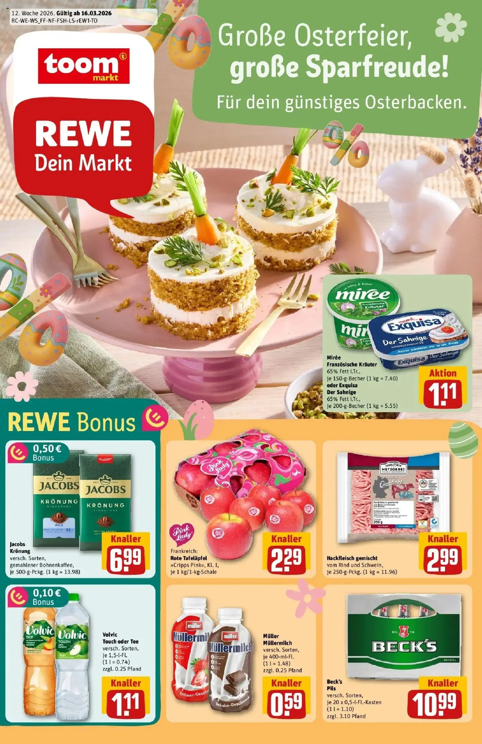 Vorschau von dem Prospekt des Geschäftes Rewe, gültig ab dem 15.03.2026 - Äpfel, Tee, Hackfleisch, Volvic, Pils, Exquisa, Volvic touch, Muller mullermilch